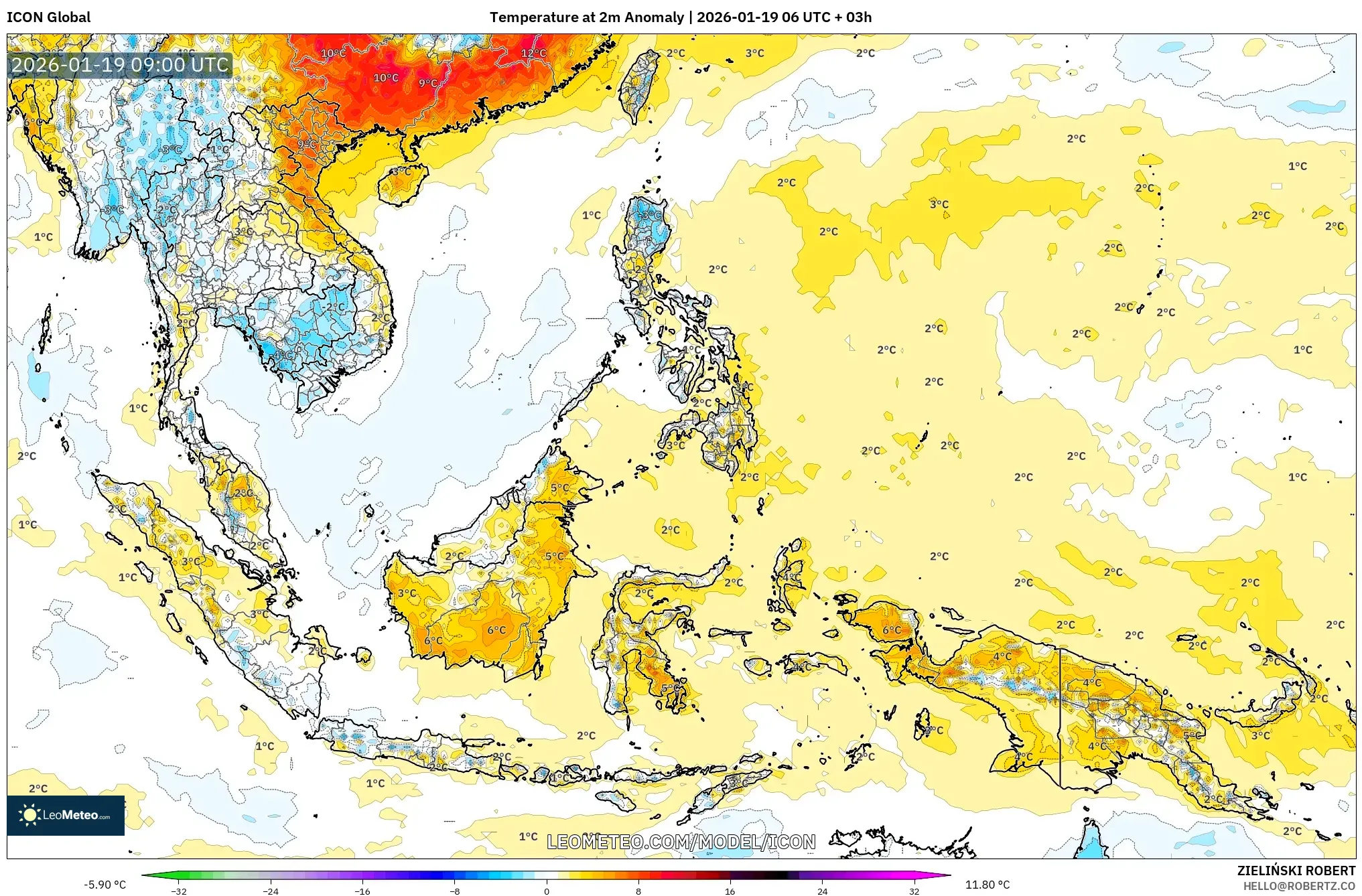 ICON model - South East Asia, Temperature at 2m Anomaly