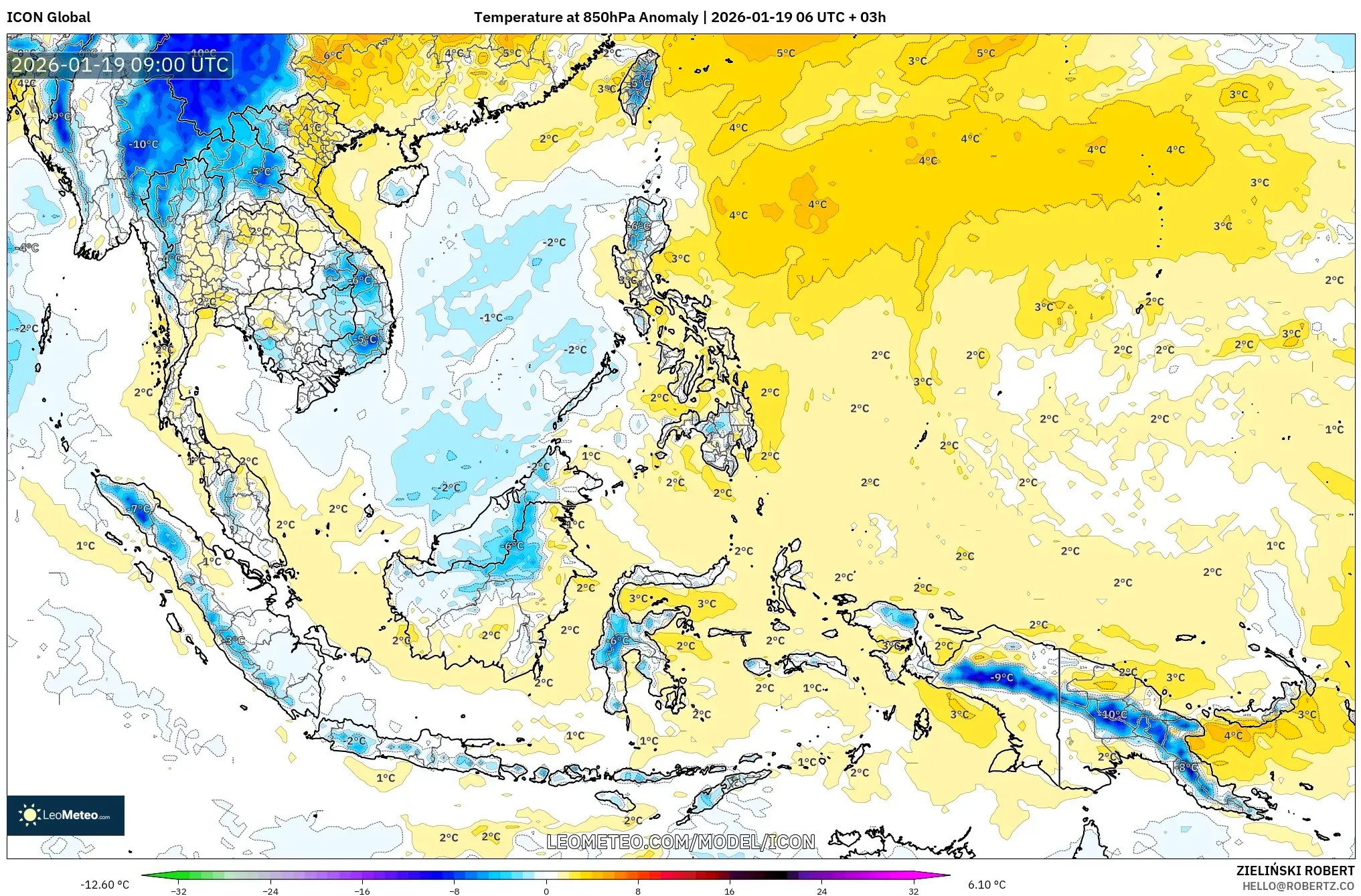ICON model - South East Asia, Temperature at 850hPa Anomaly