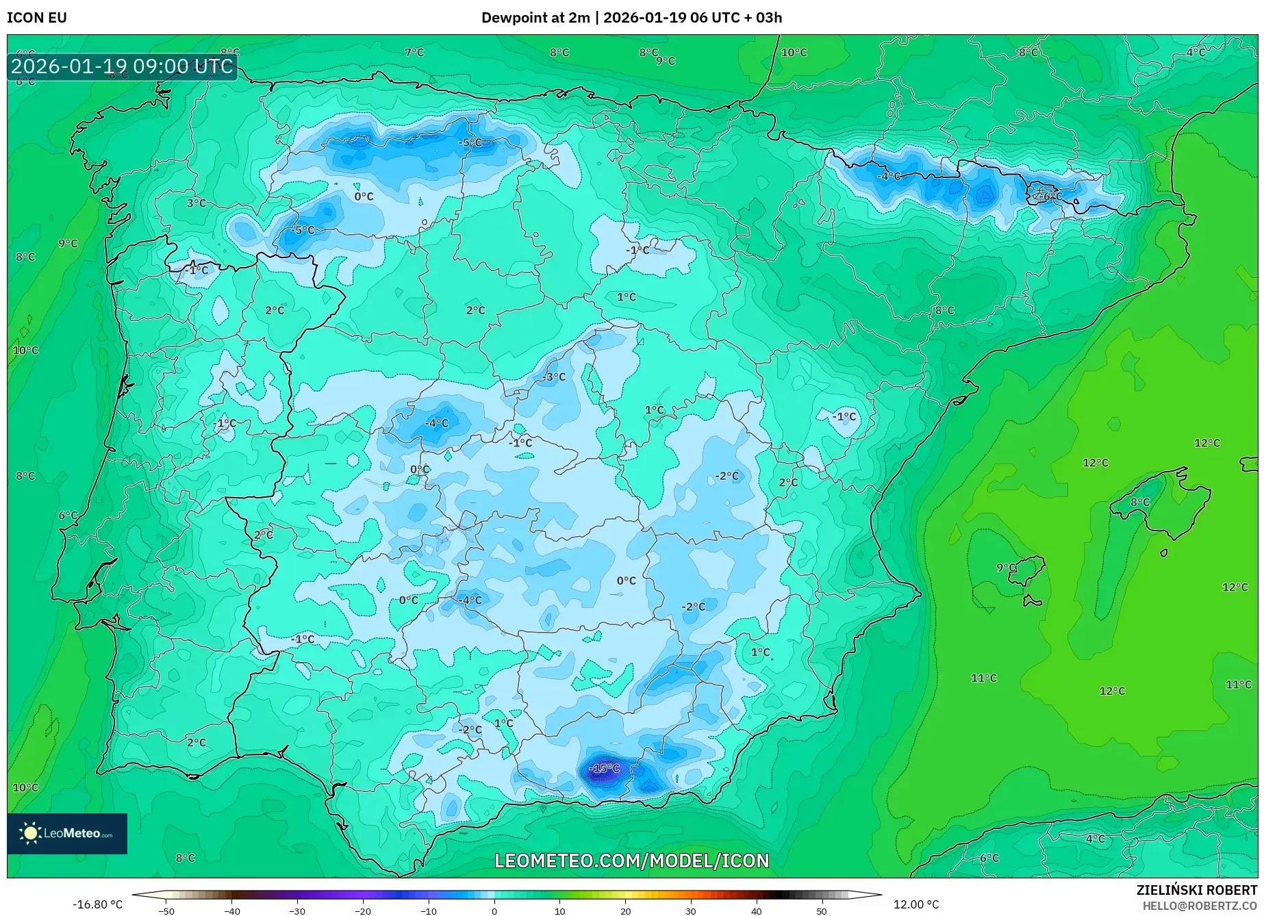 ICON model - Spain, Dewpoint at 2m