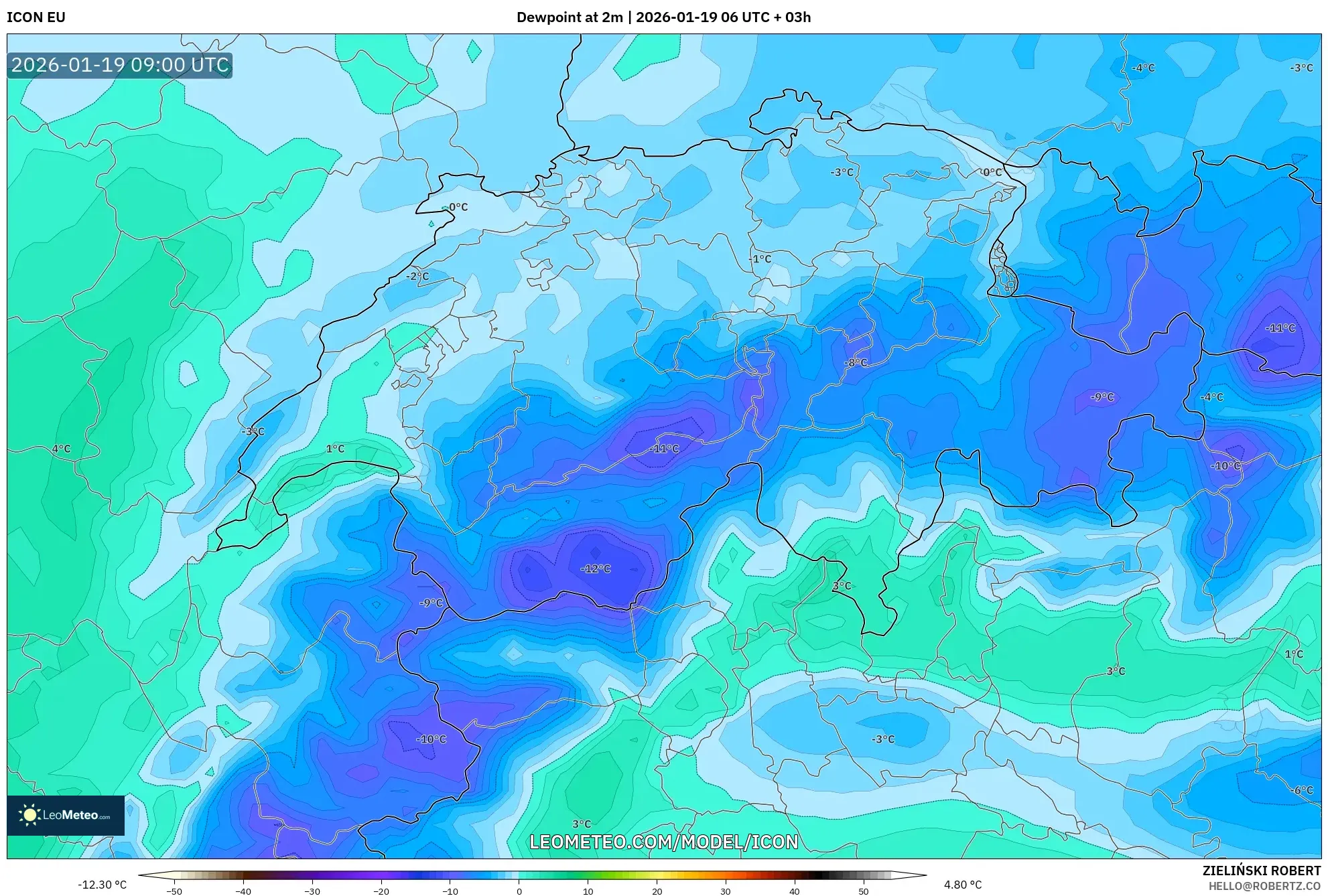 ICON model - Switzerland, Dewpoint at 2m