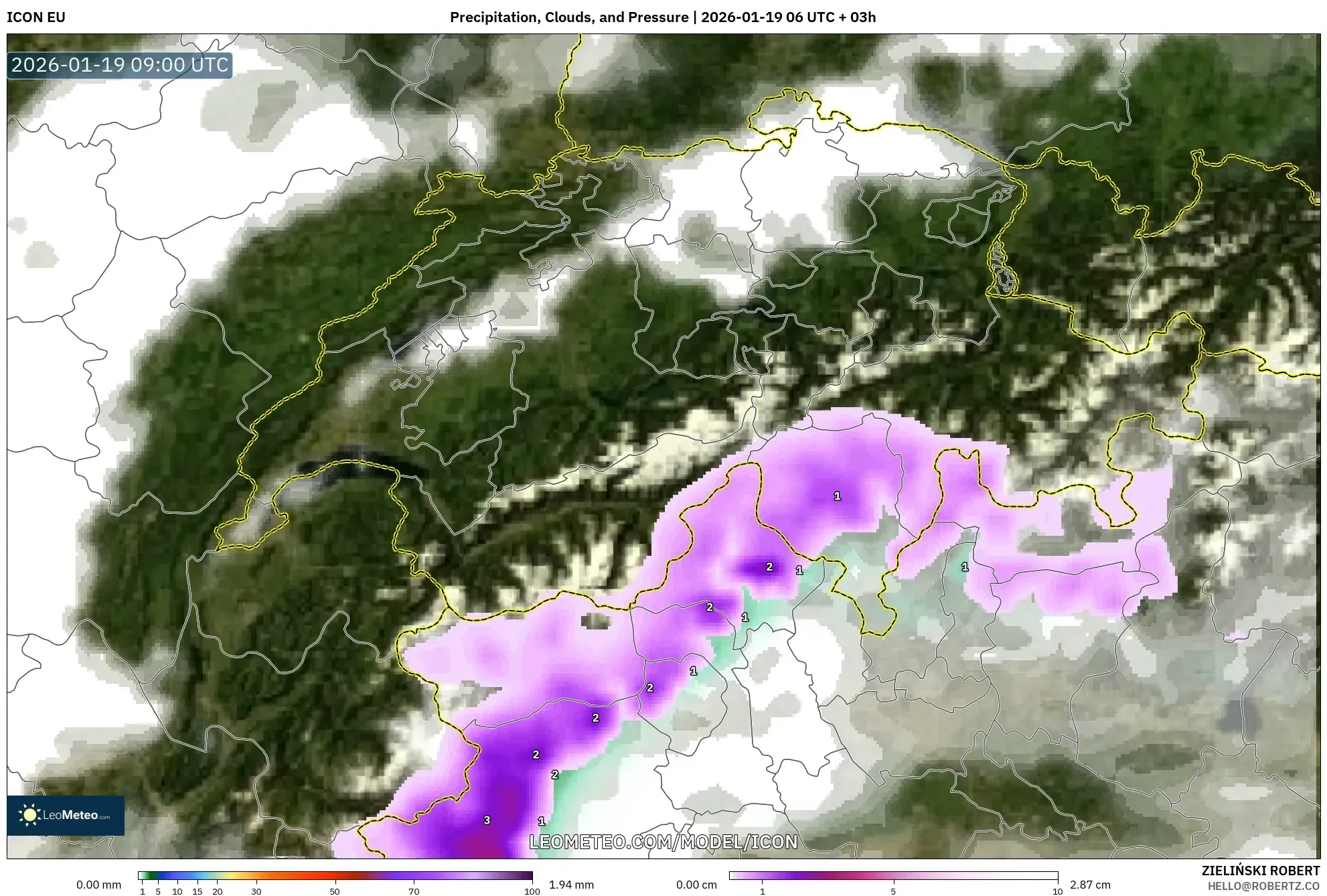 ICON model - Switzerland, Precipitation, Clouds, and Pressure