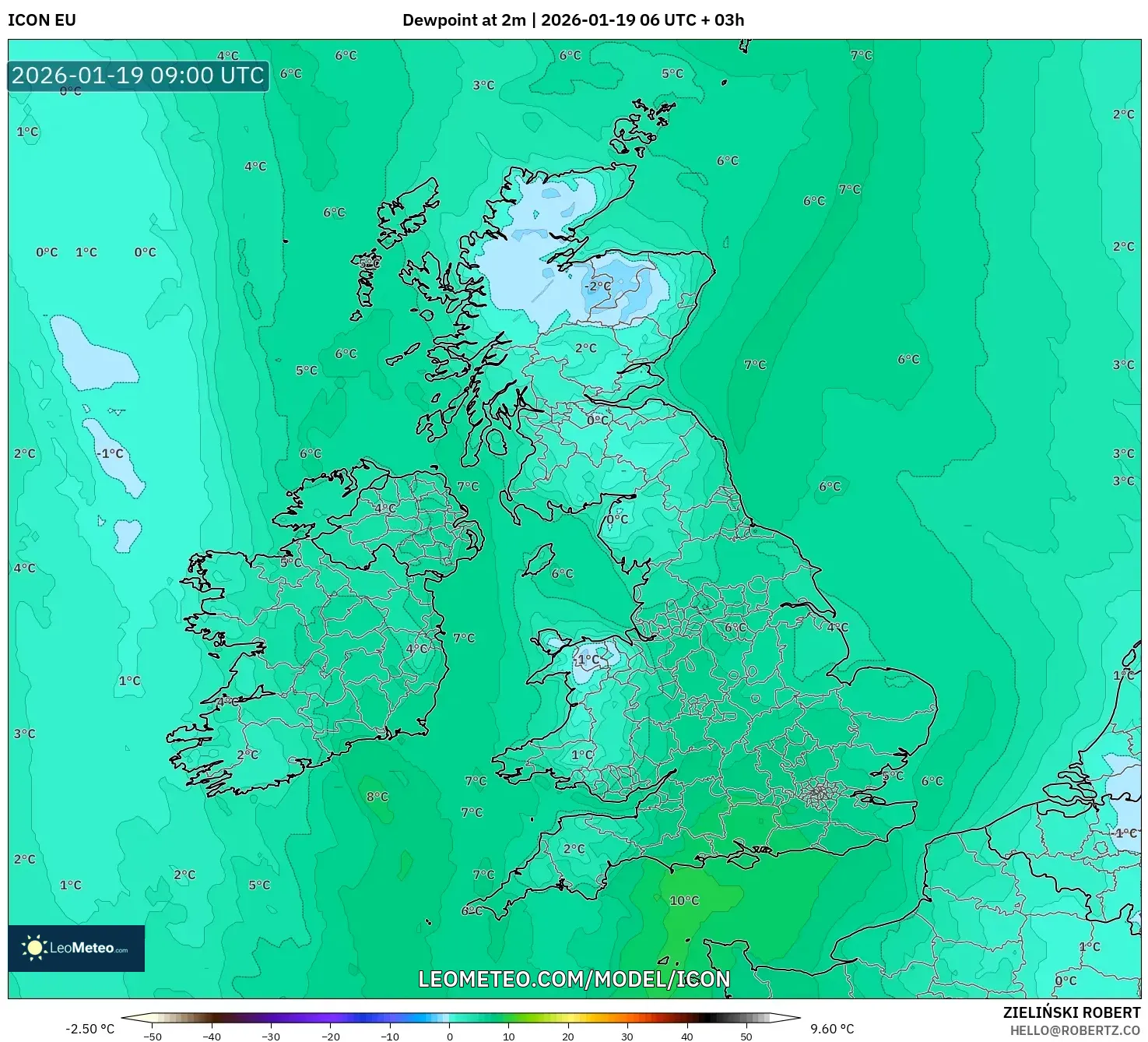 ICON model - United Kingdom, Dewpoint at 2m