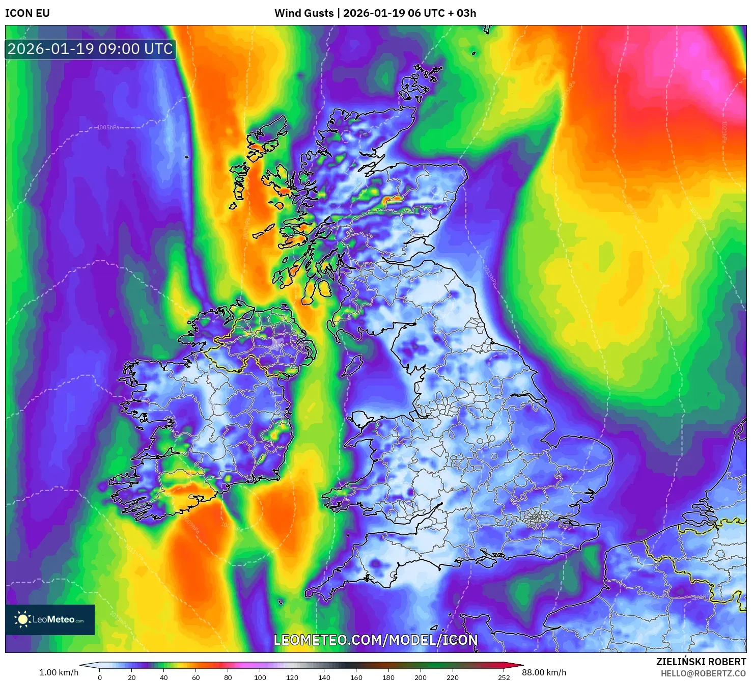 ICON model - United Kingdom, Wind Gusts