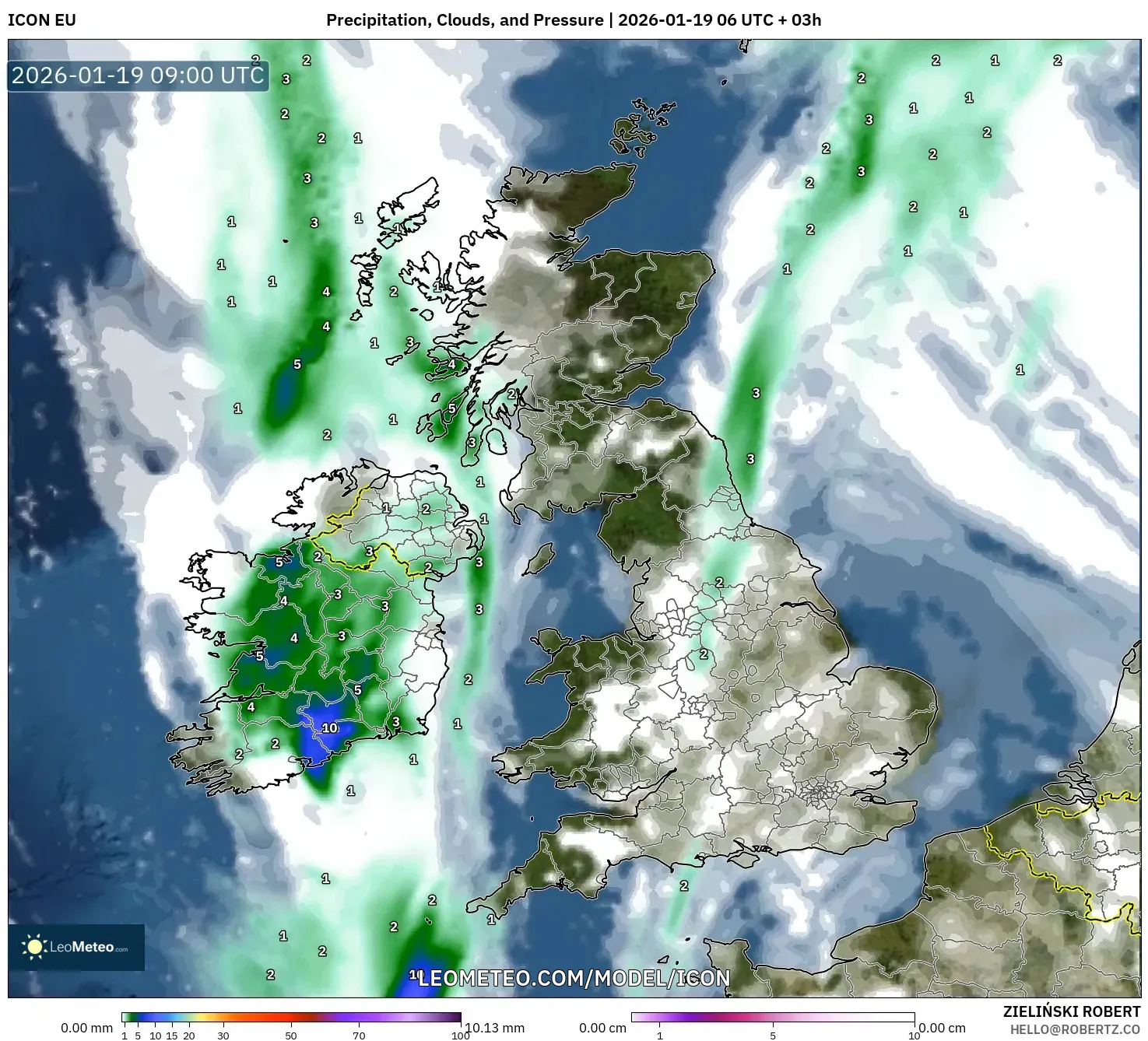 ICON model - United Kingdom, Precipitation, Clouds, and Pressure