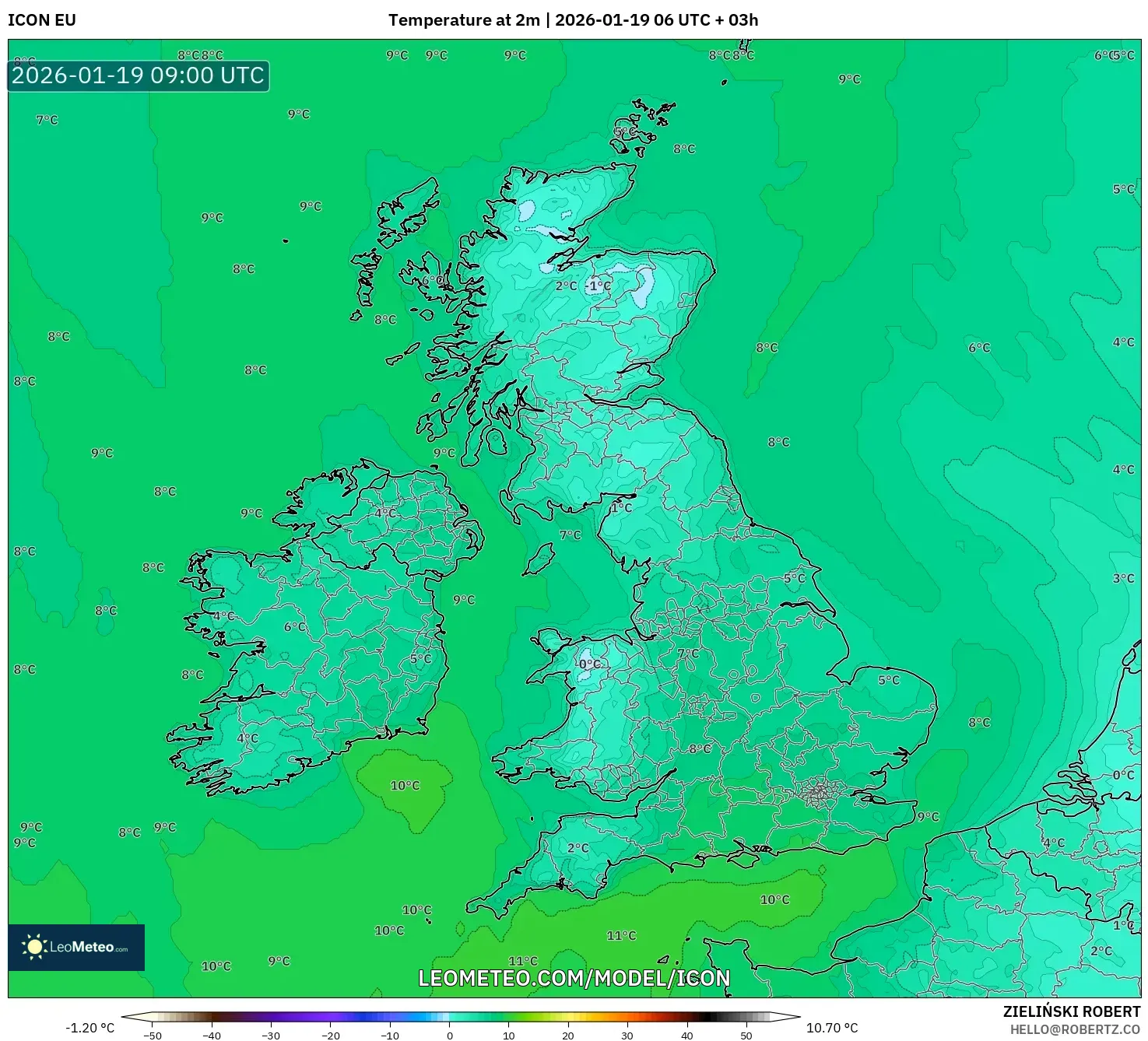 ICON model - United Kingdom, Temperature at 2m