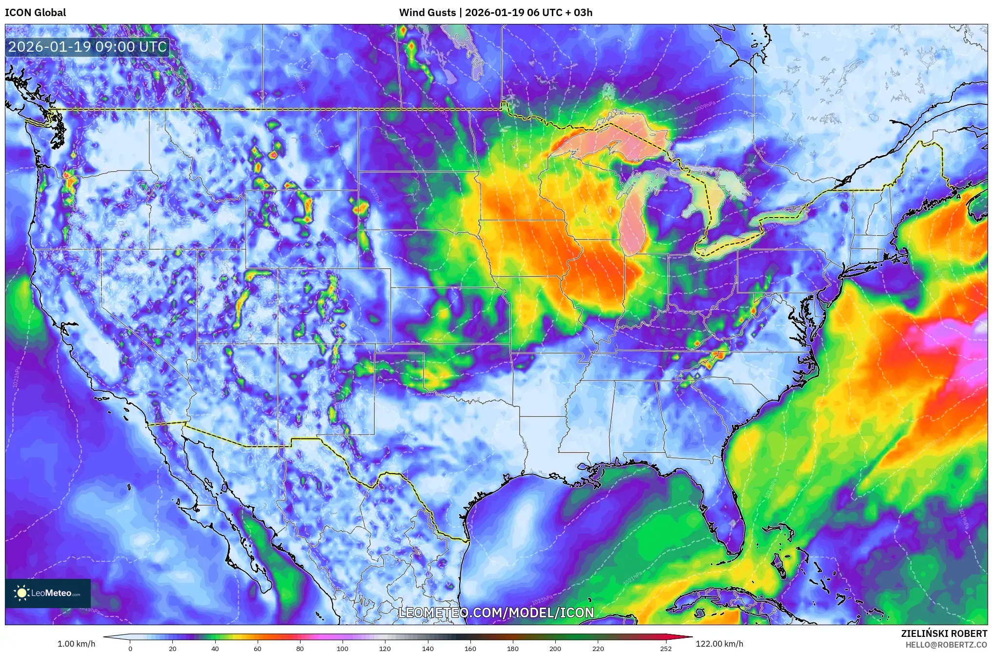 ICON model - United States, Wind Gusts