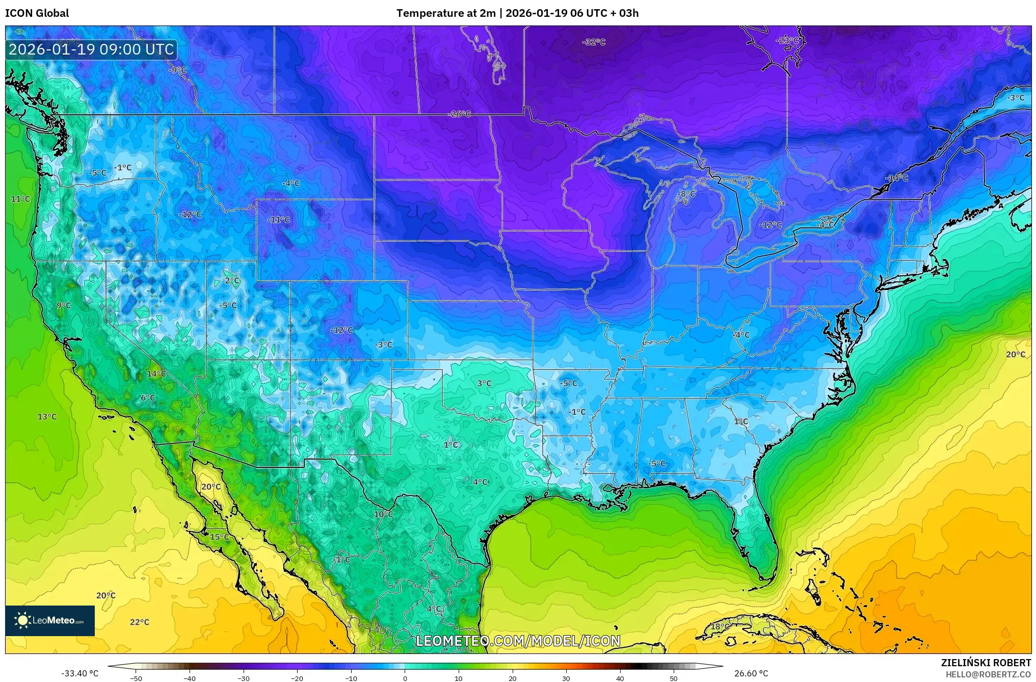 ICON model - United States, Temperature at 2m