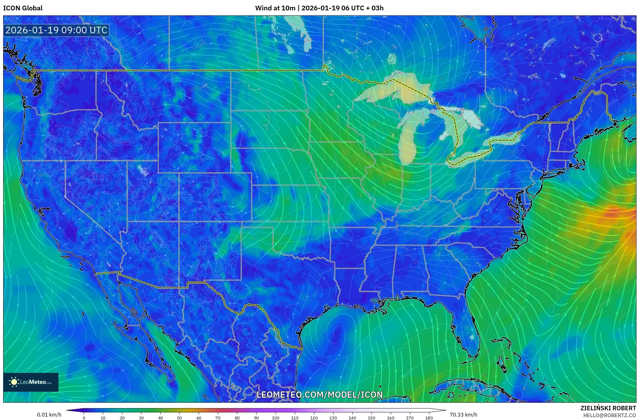 ICON model - United States, Wind at 10m