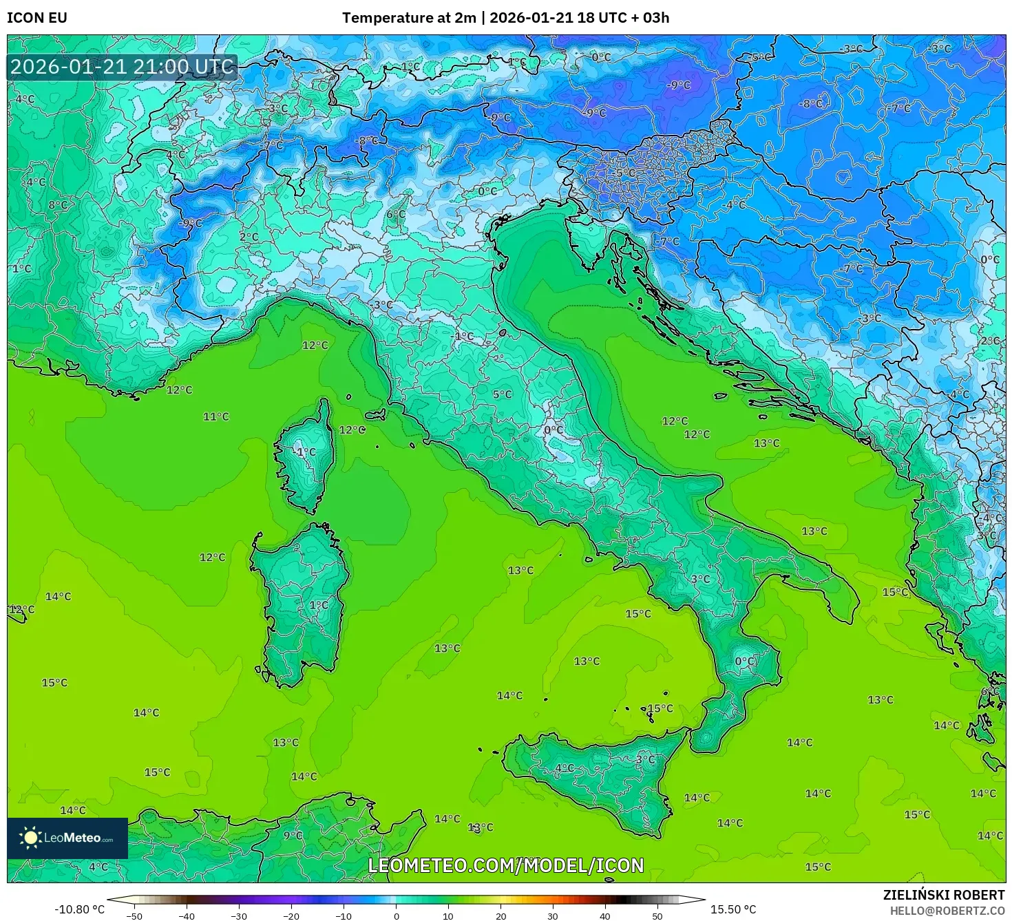 ICON model - Italy, Temperature at 2m