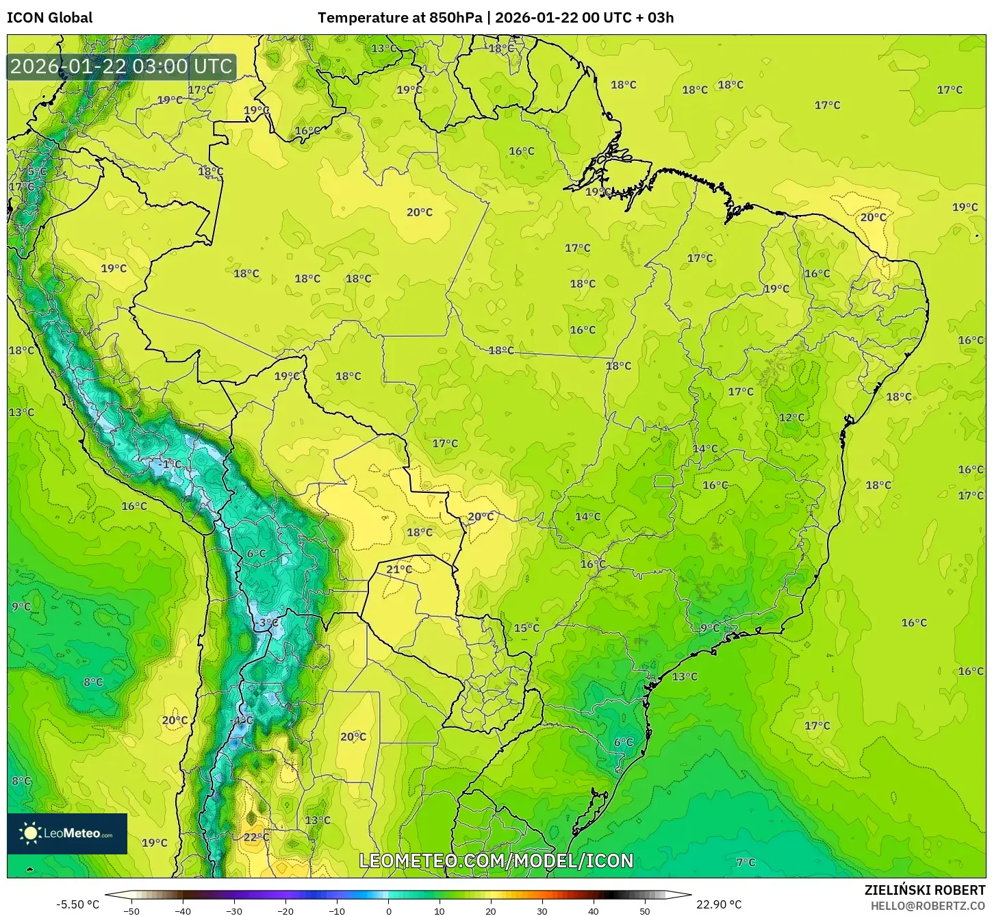 ICON model - Brazil, Temperature at 850hPa