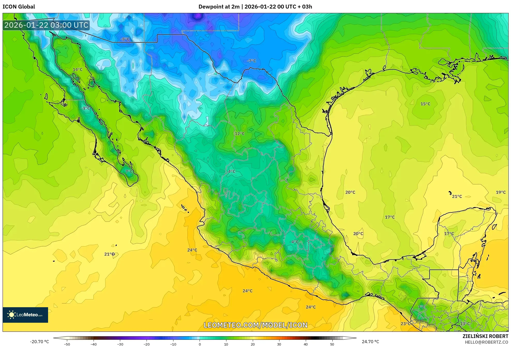 ICON model - Mexico, Dewpoint at 2m