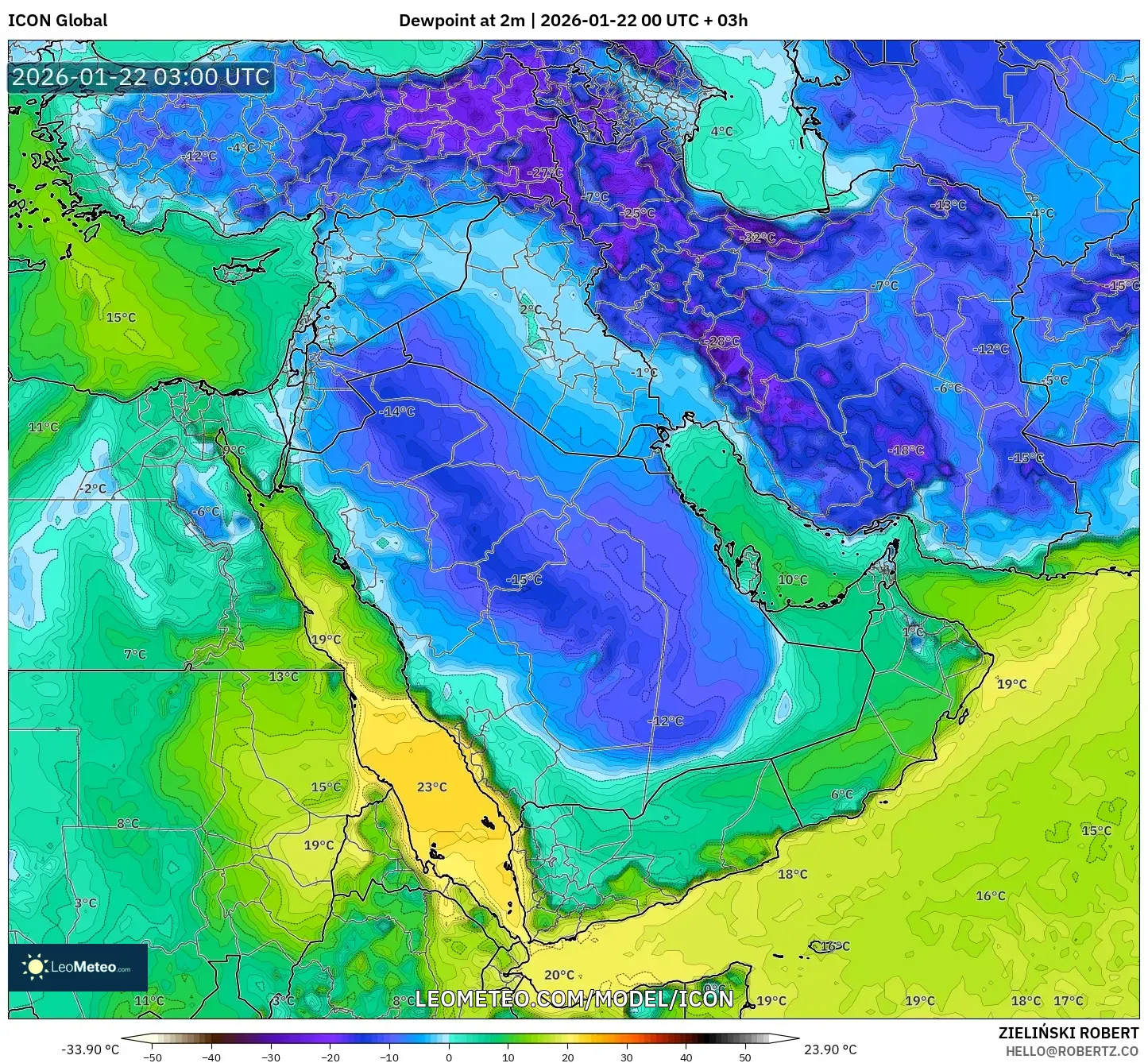 ICON model - Middle East, Dewpoint at 2m