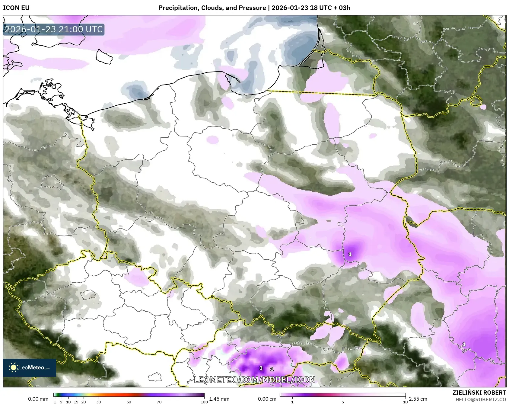 ICON model - Poland, Precipitation, Clouds, and Pressure