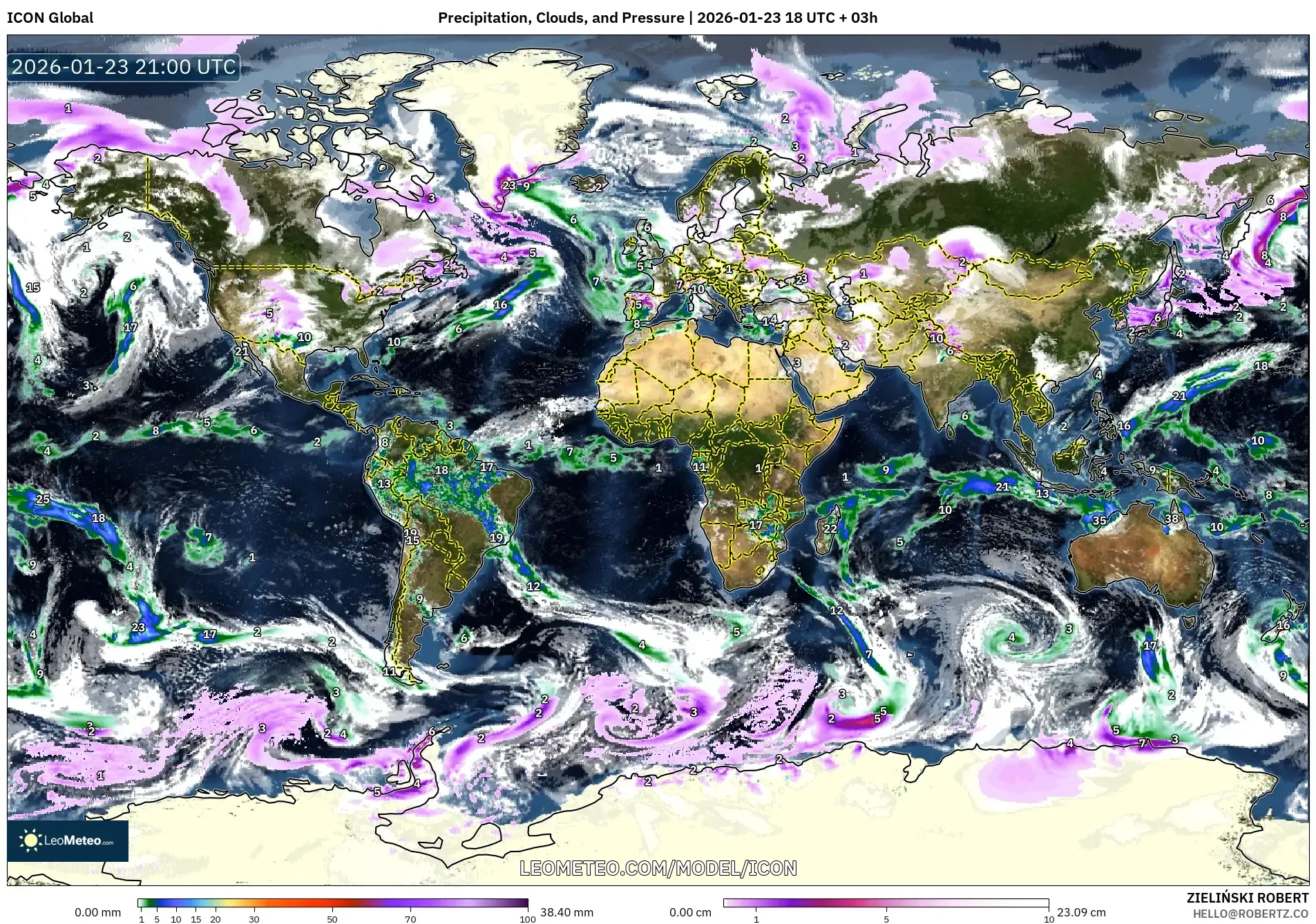 ICON model - World, Precipitation, Clouds, and Pressure