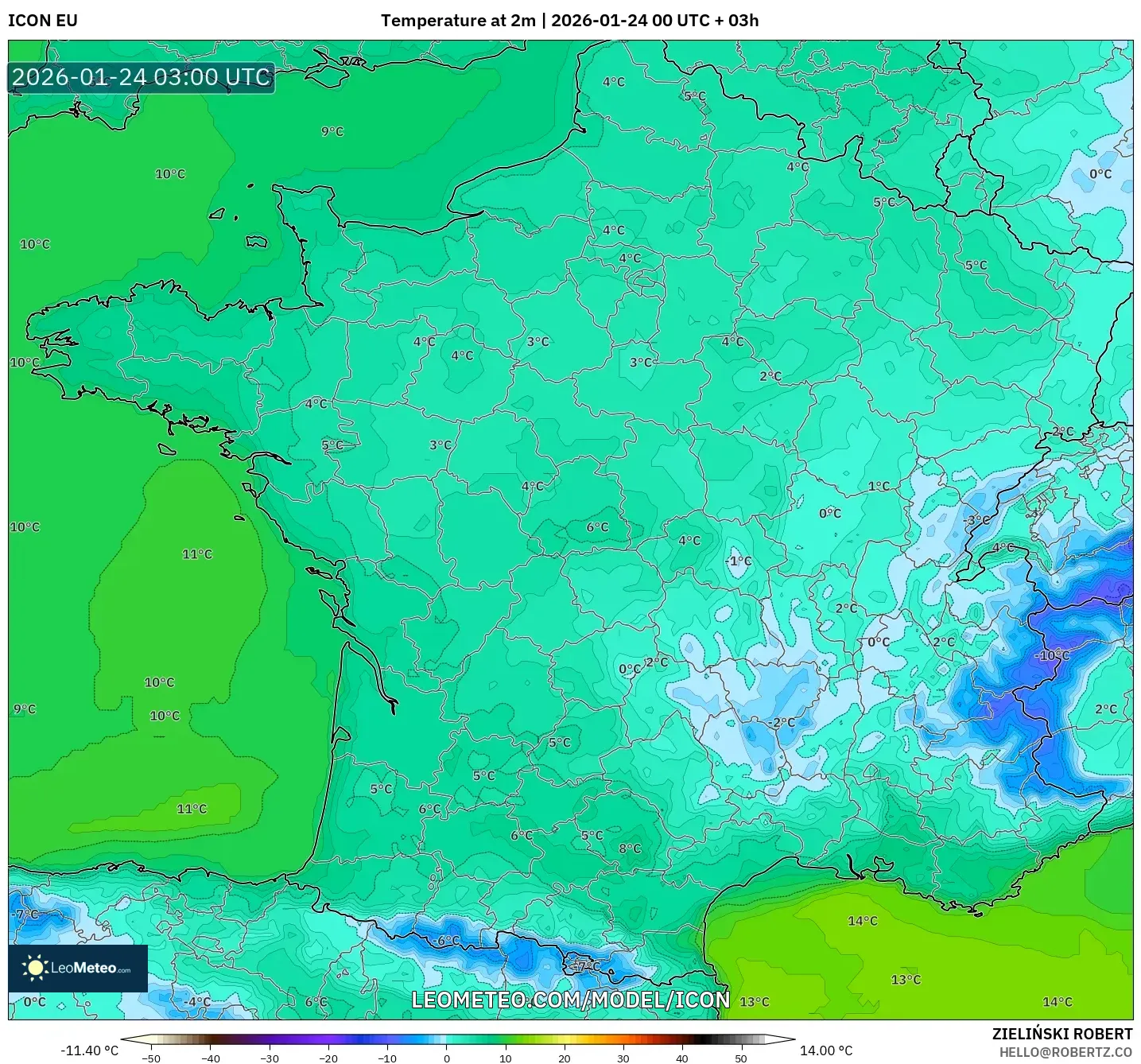 ICON model - France, Temperature at 2m
