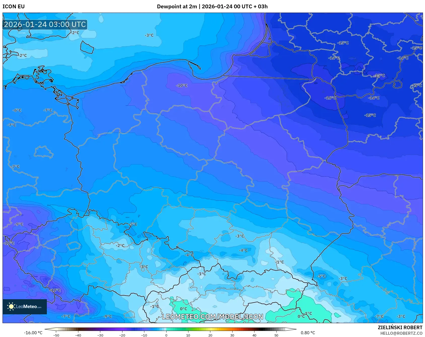 ICON model - Poland, Dewpoint at 2m