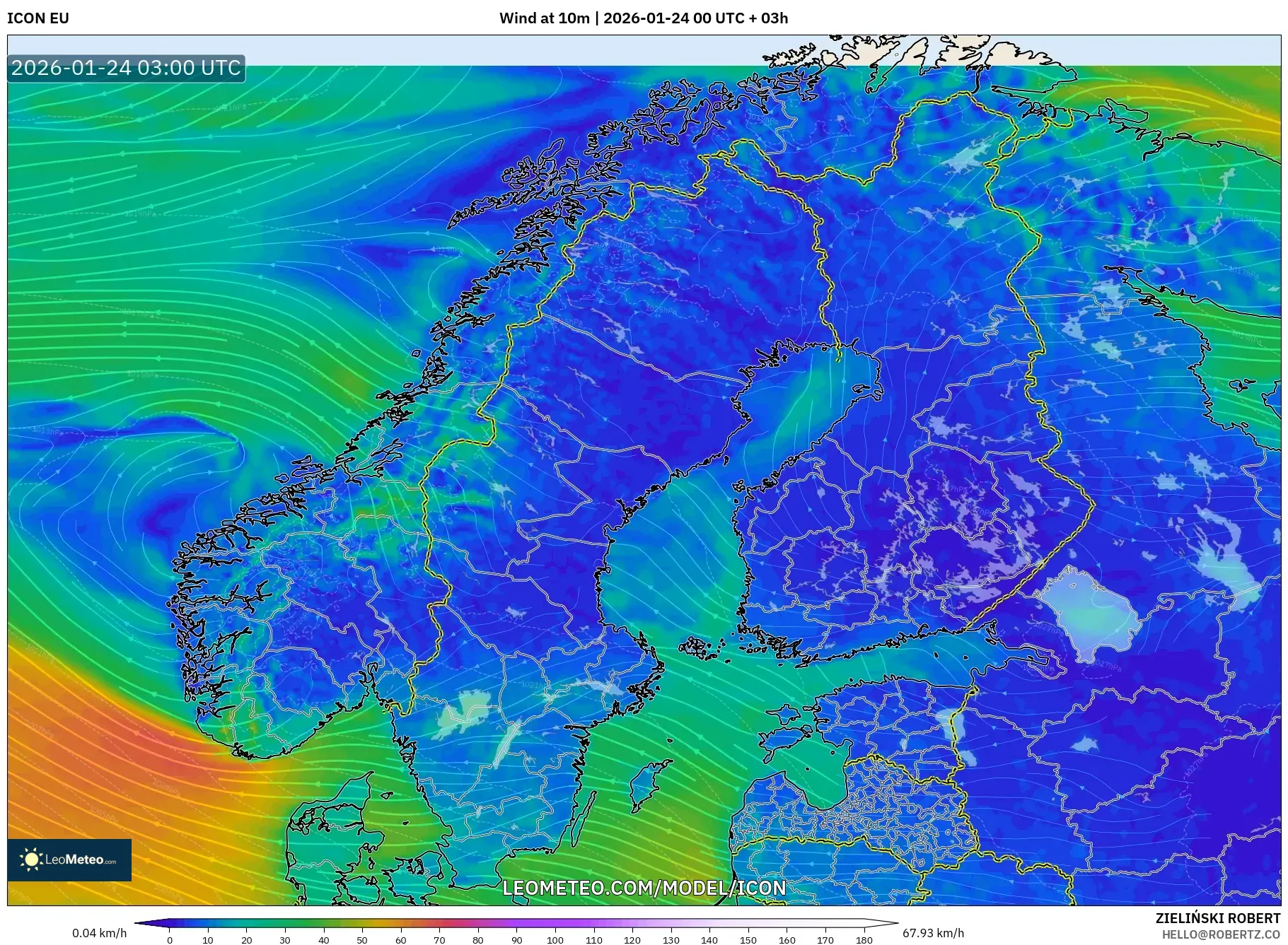 ICON model - Scandinavia, Wind at 10m