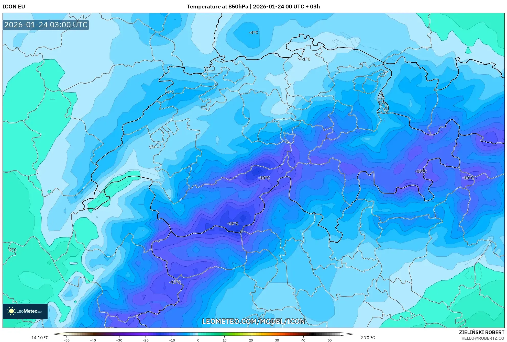ICON model - Switzerland, Temperature at 850hPa