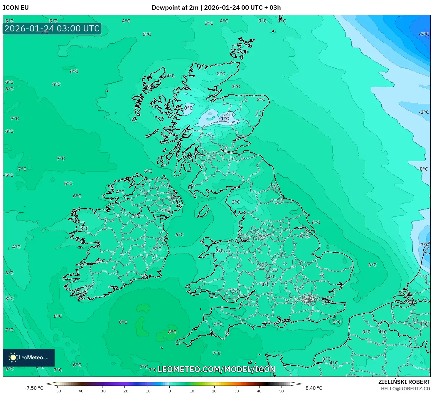 ICON model - United Kingdom, Dewpoint at 2m