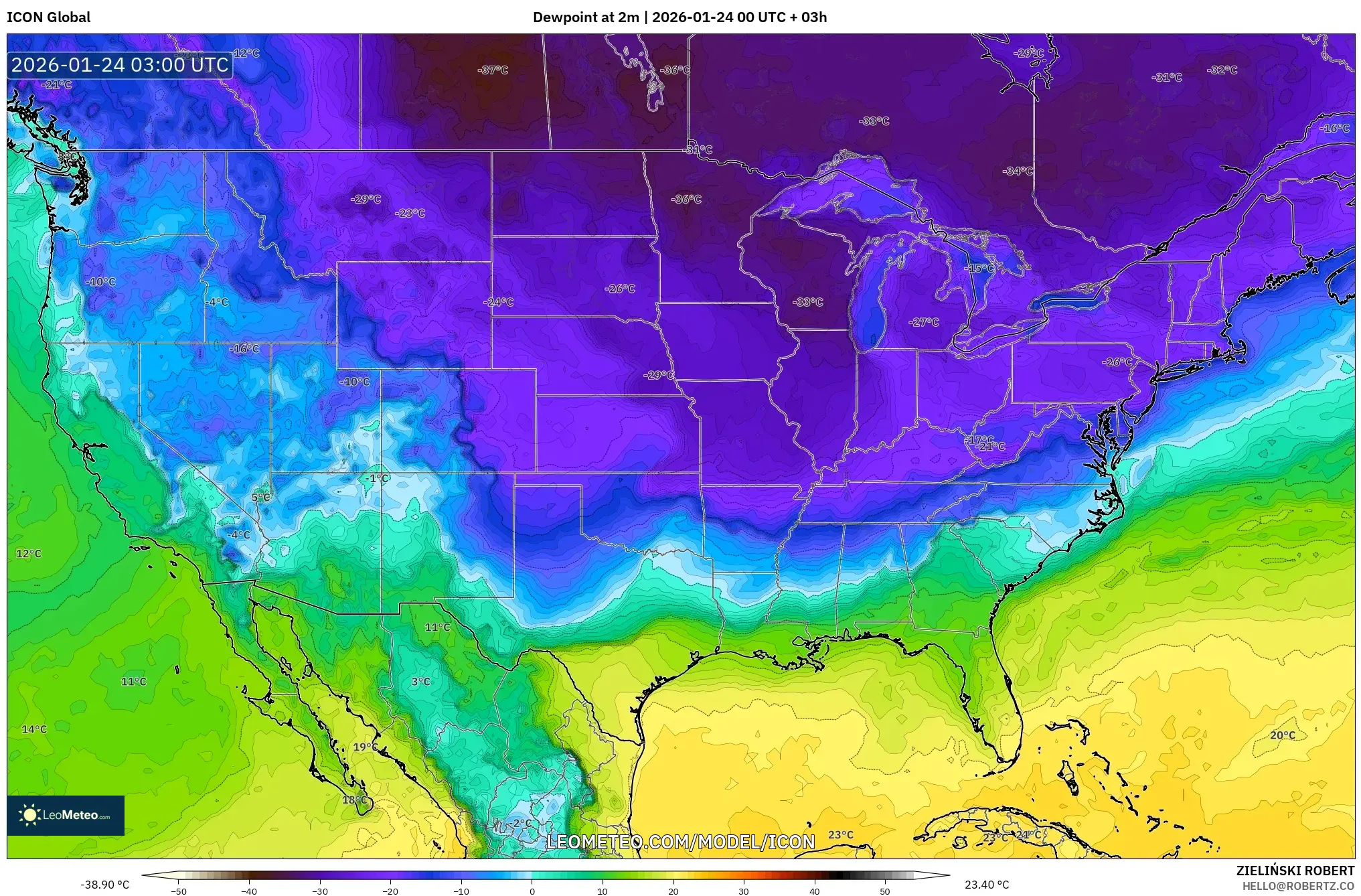 ICON model - United States, Dewpoint at 2m