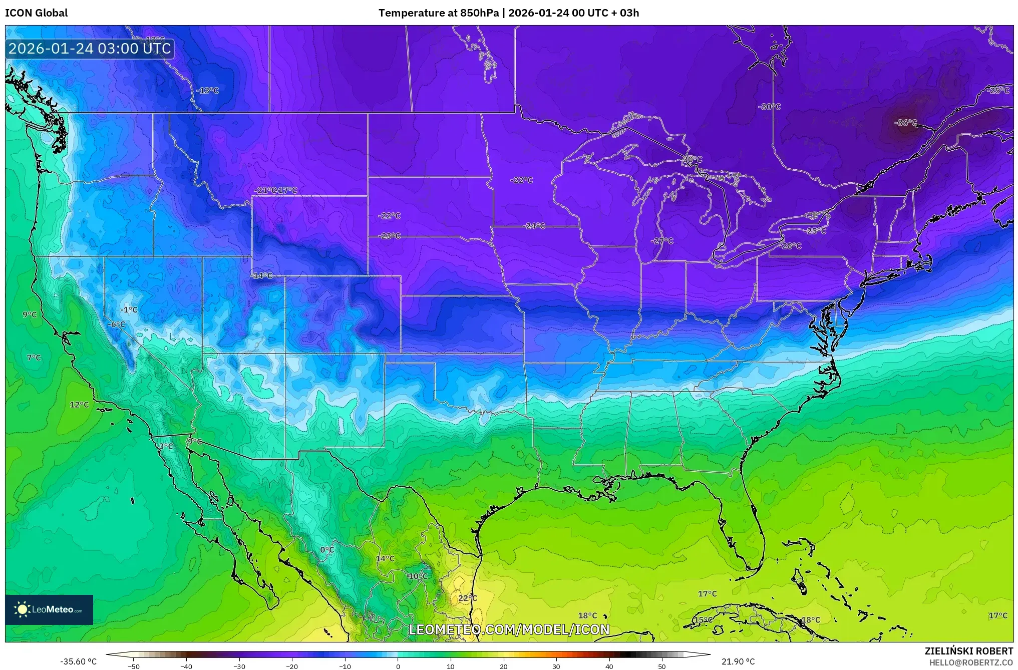 ICON model - United States, Temperature at 850hPa