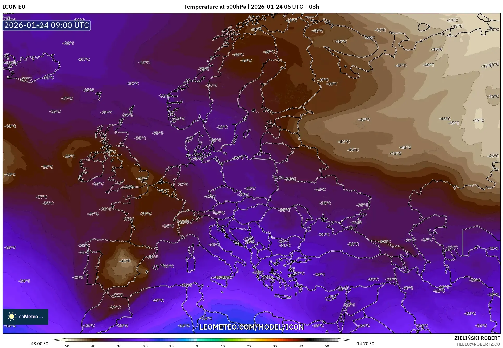 ICON model - Europe, Temperature at 500hPa