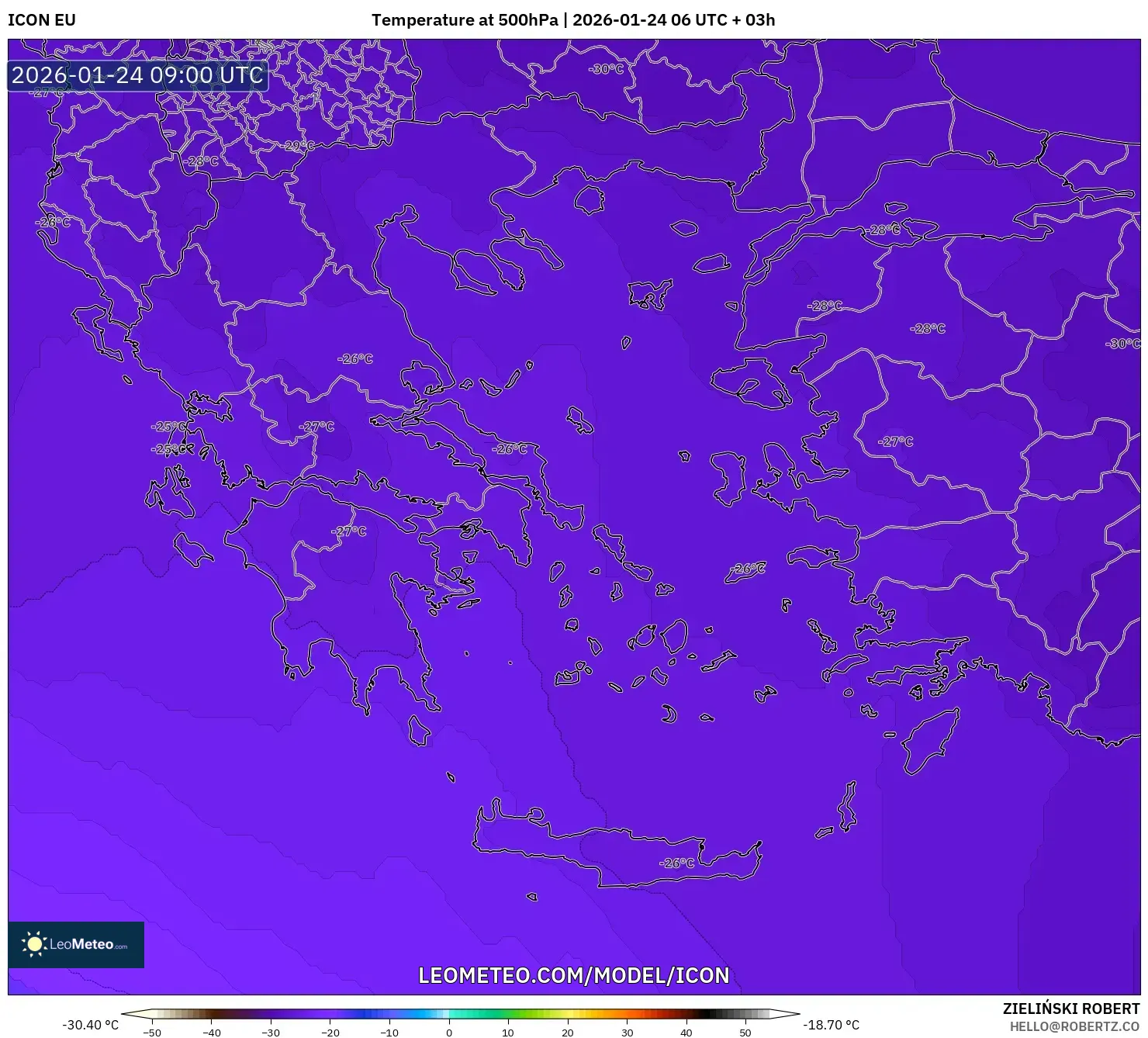 ICON model - Greece, Temperature at 500hPa