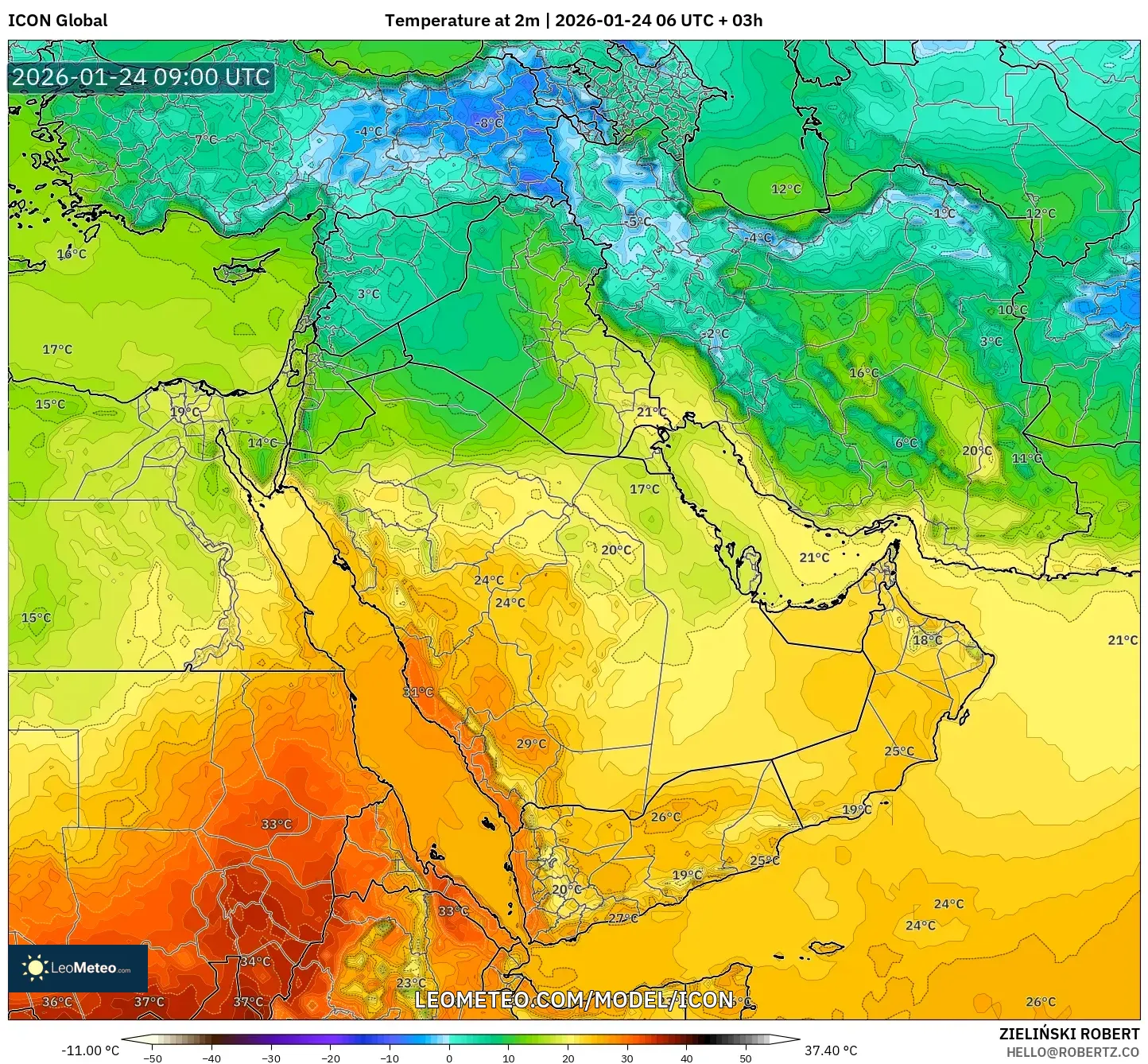 ICON model - Middle East, Temperature at 2m