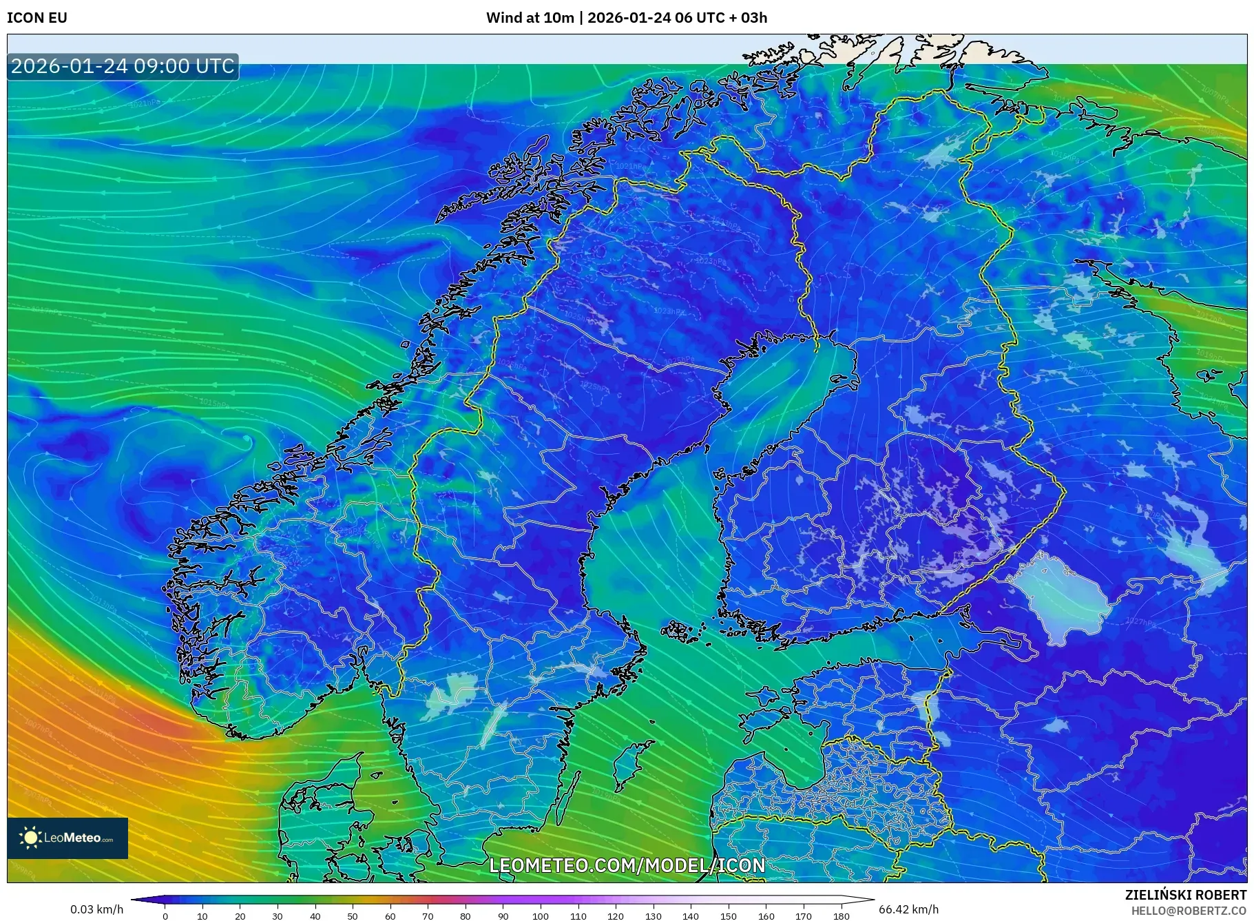 ICON model - Scandinavia, Wind at 10m
