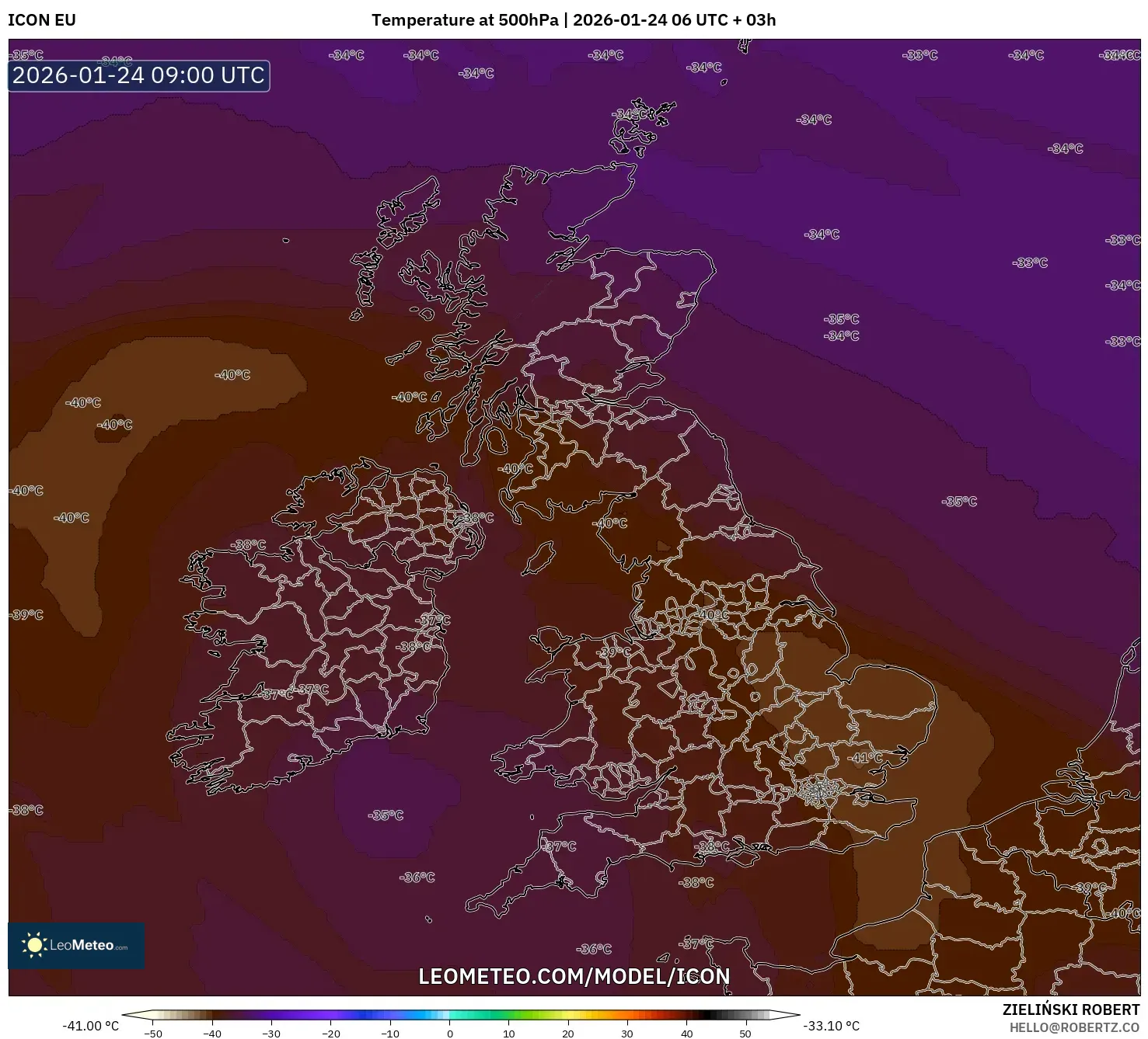ICON model - United Kingdom, Temperature at 500hPa