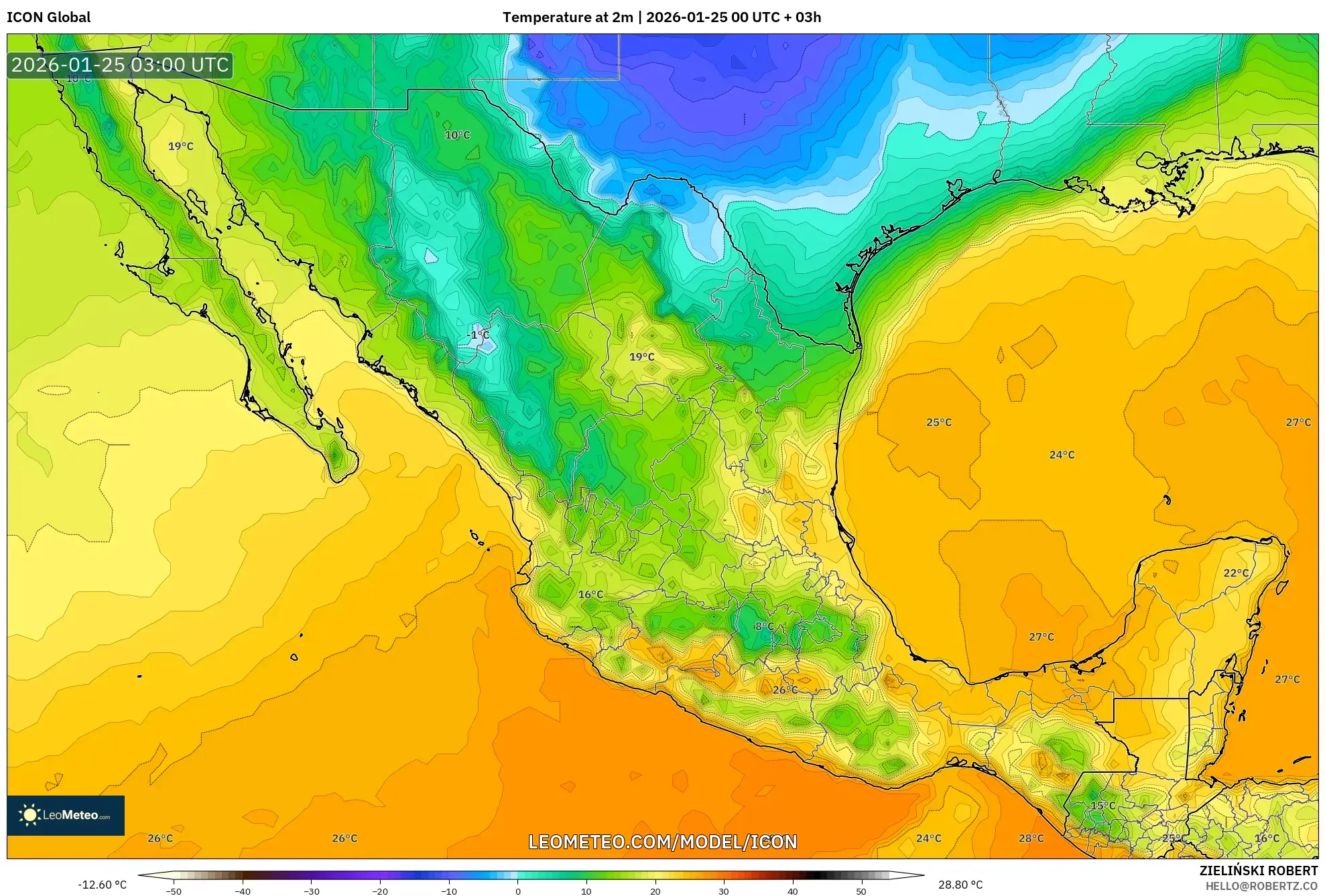 ICON model - Mexico, Temperature at 2m