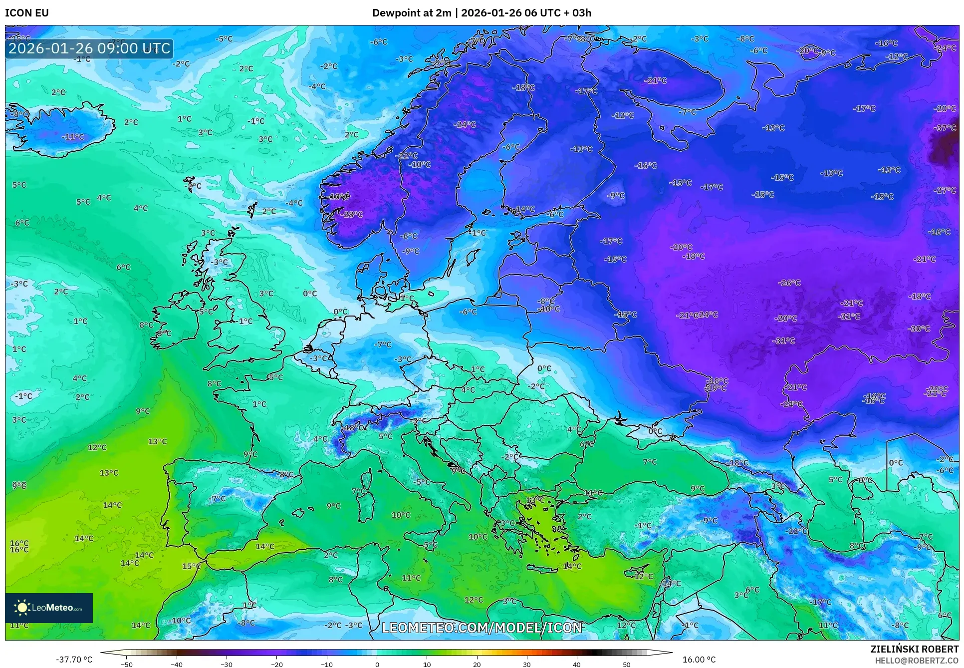 ICON model - Europe, Dewpoint at 2m