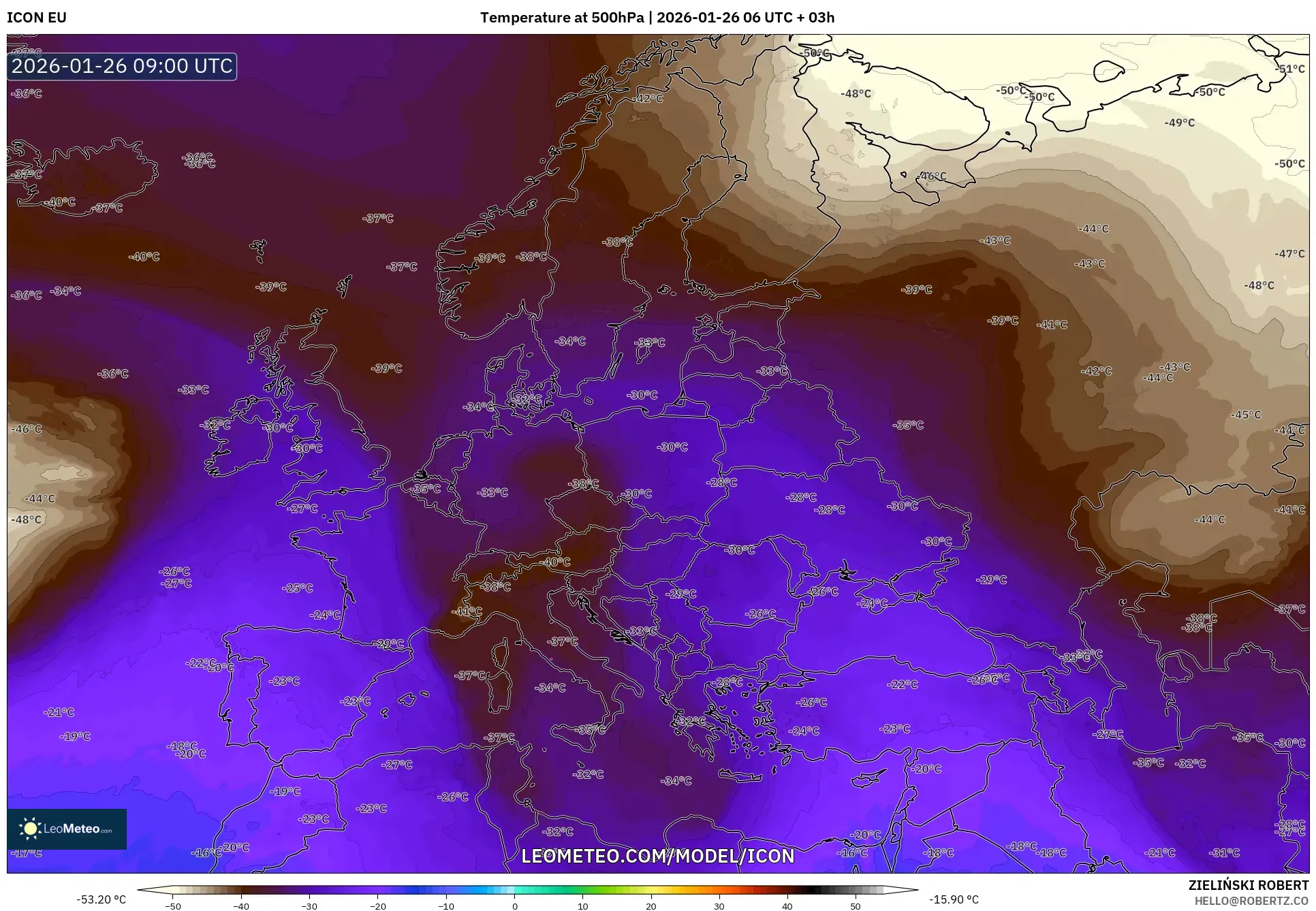 ICON model - Europe, Temperature at 500hPa