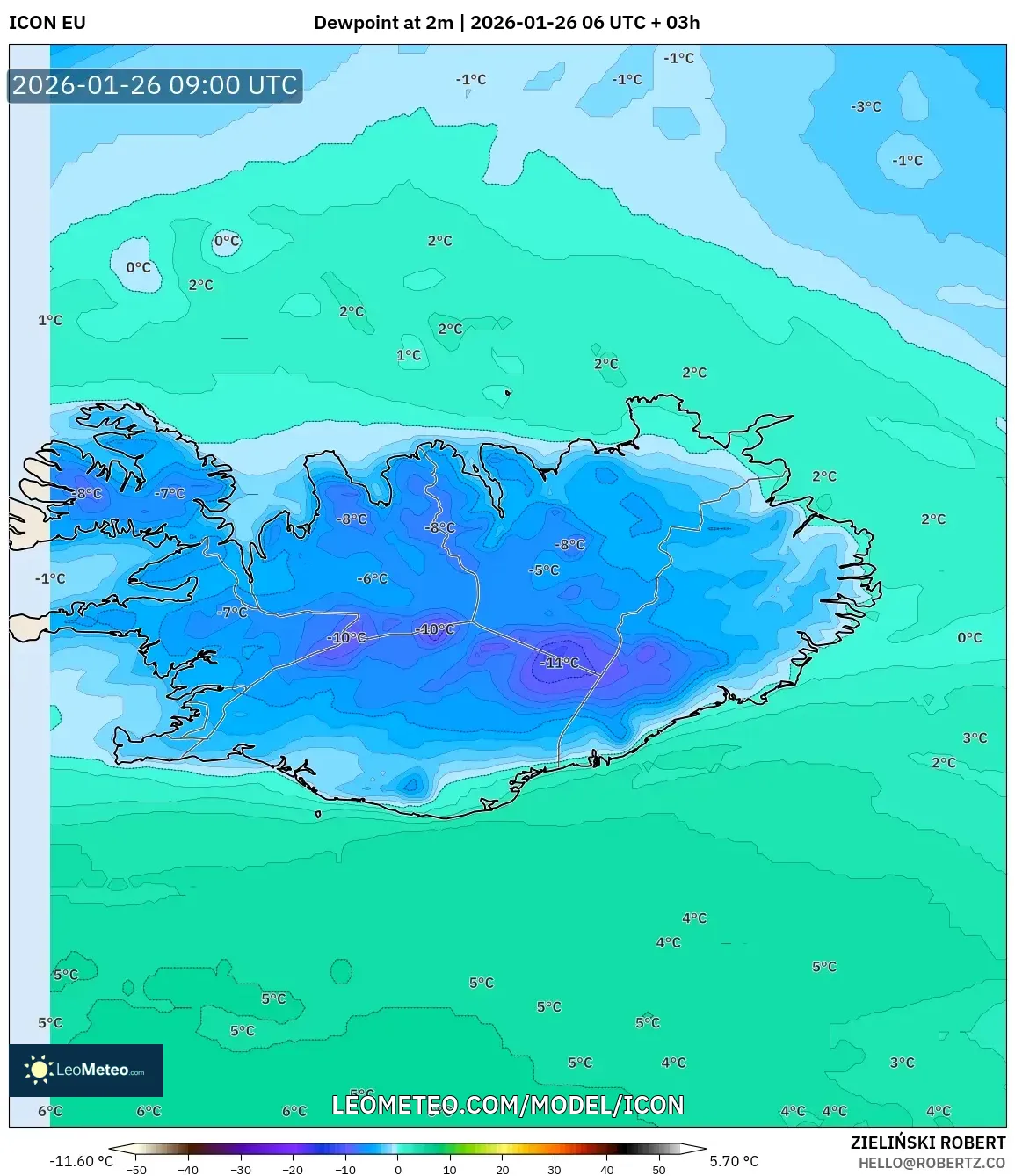 ICON model - Iceland, Dewpoint at 2m