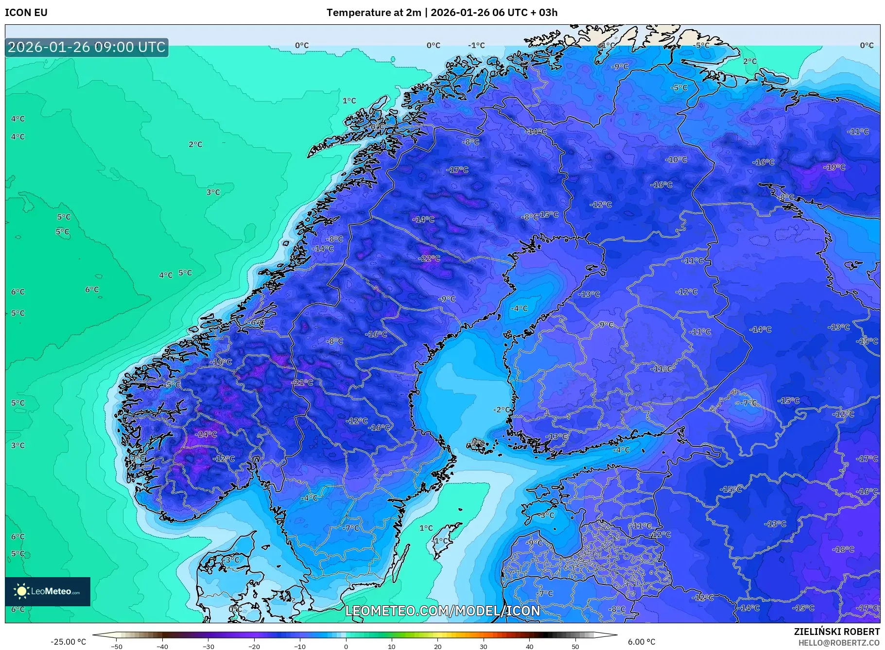 ICON model - Scandinavia, Temperature at 2m