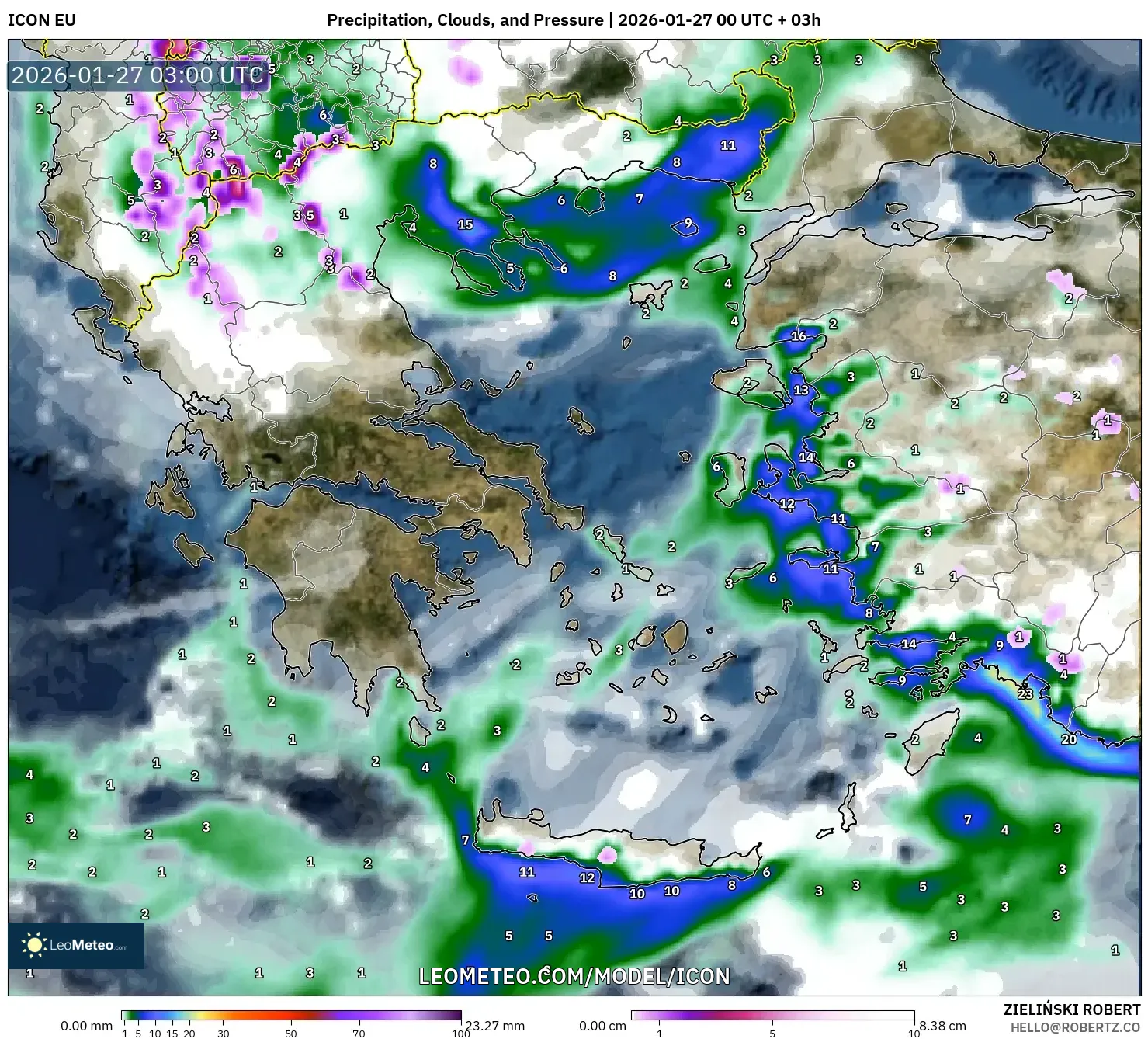 ICON model - Greece, Precipitation, Clouds, and Pressure