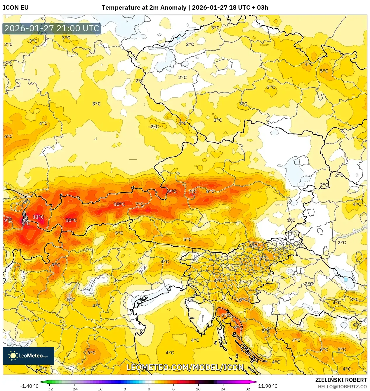ICON model - Austria, Temperature at 2m Anomaly