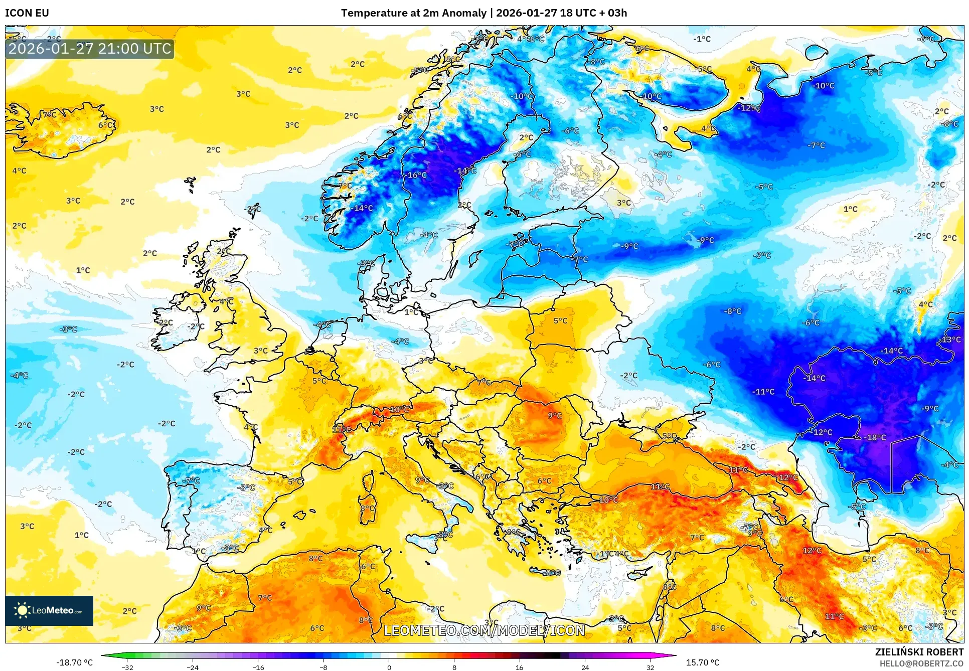 ICON model - Europe, Temperature at 2m Anomaly