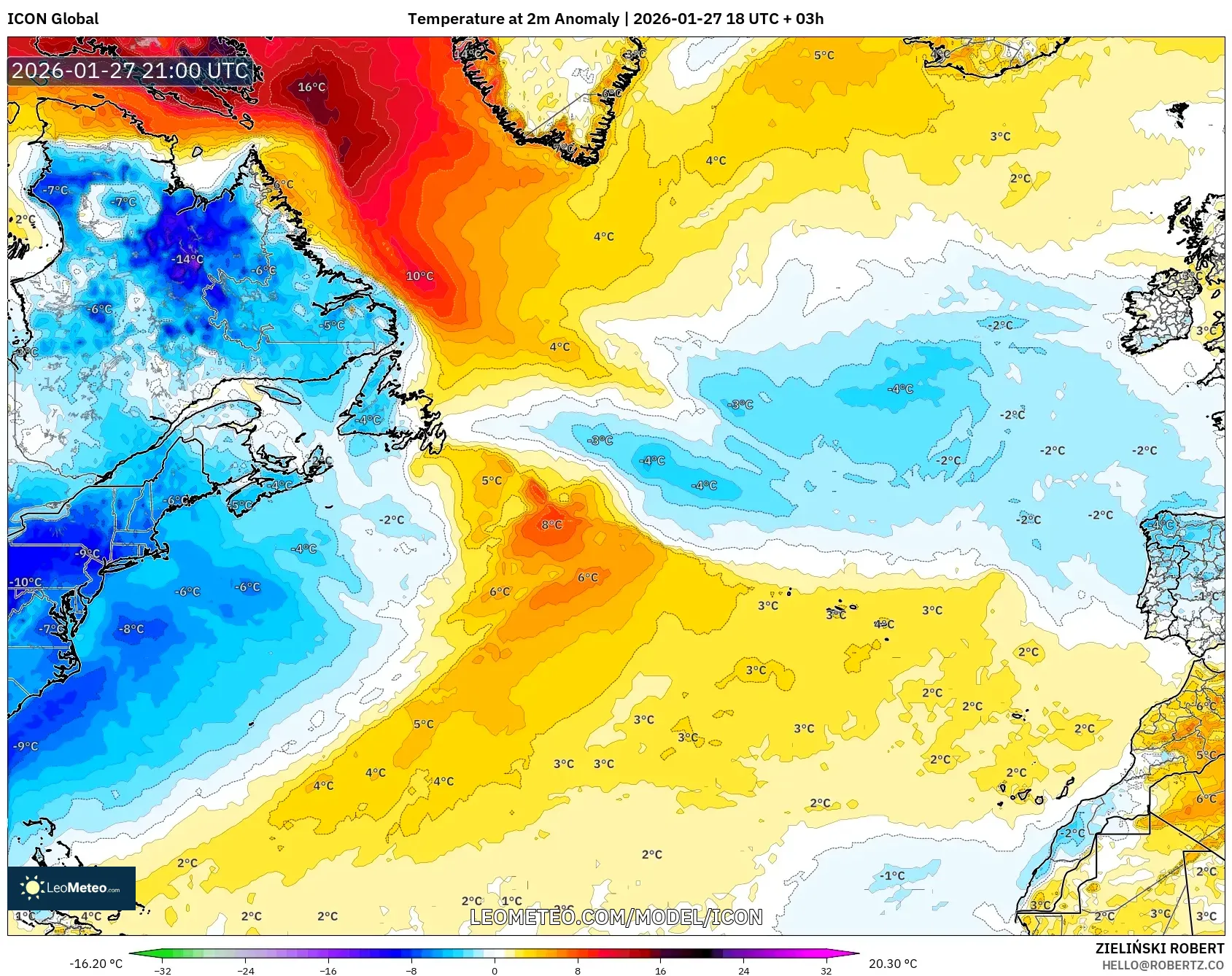 ICON model - North Atlantic, Temperature at 2m Anomaly