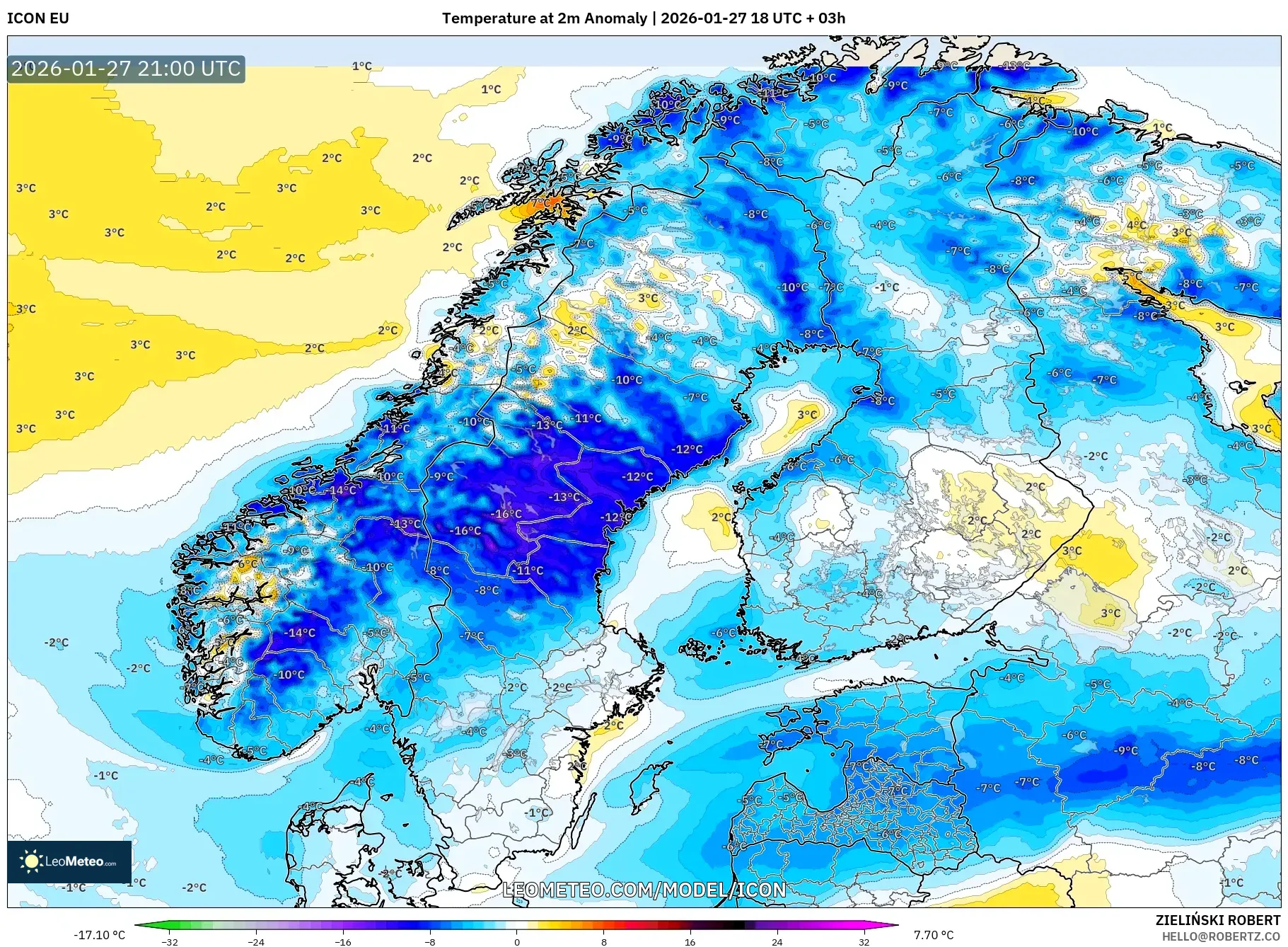 ICON model - Scandinavia, Temperature at 2m Anomaly
