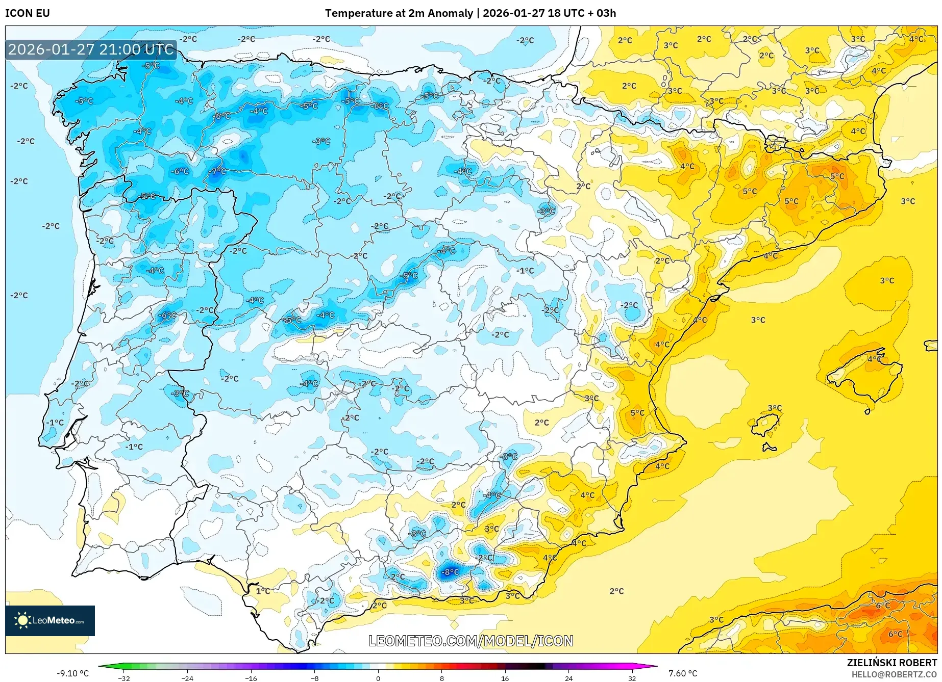 ICON model - Spain, Temperature at 2m Anomaly