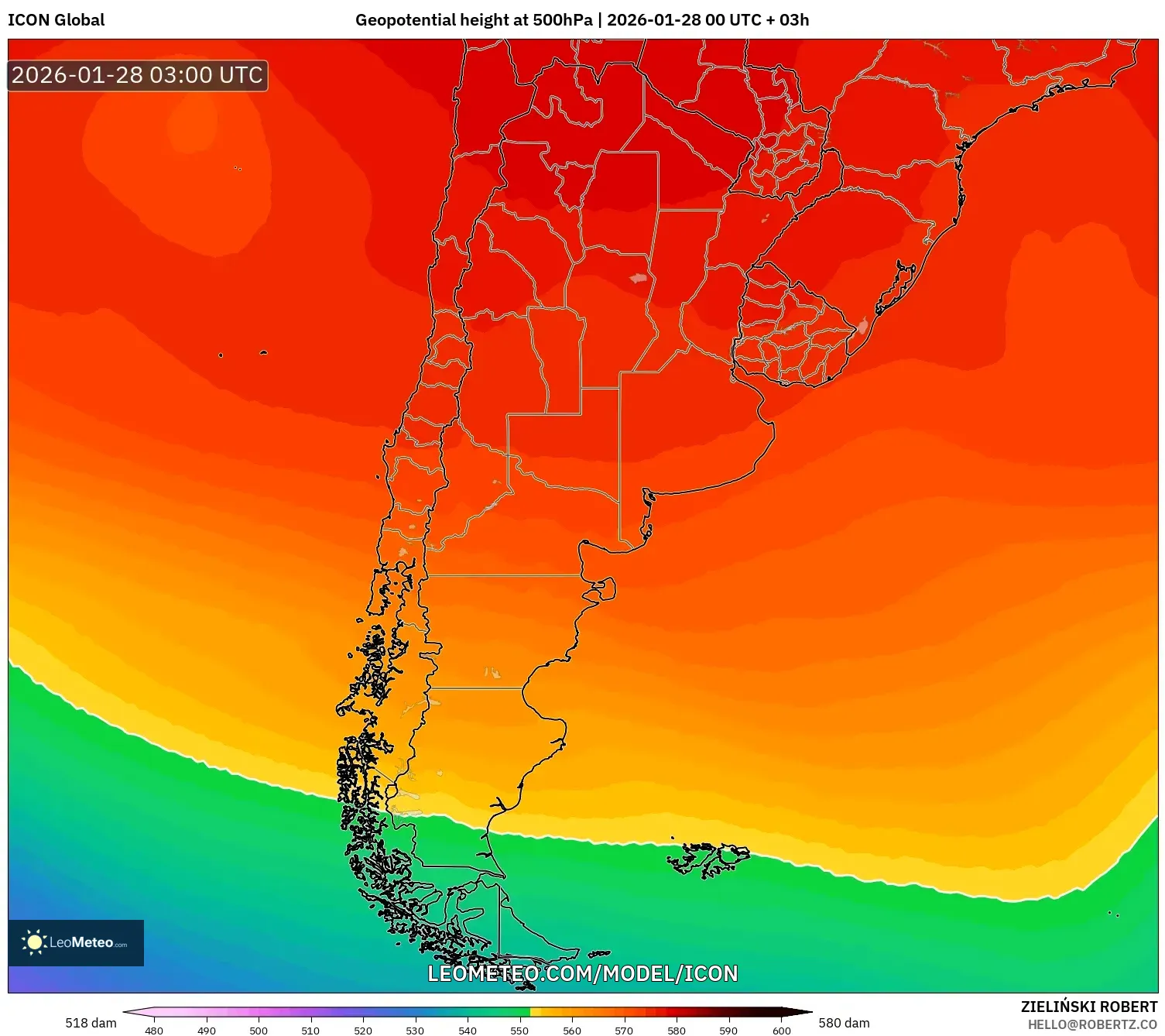ICON model - Argentina, Geopotential height at 500hPa