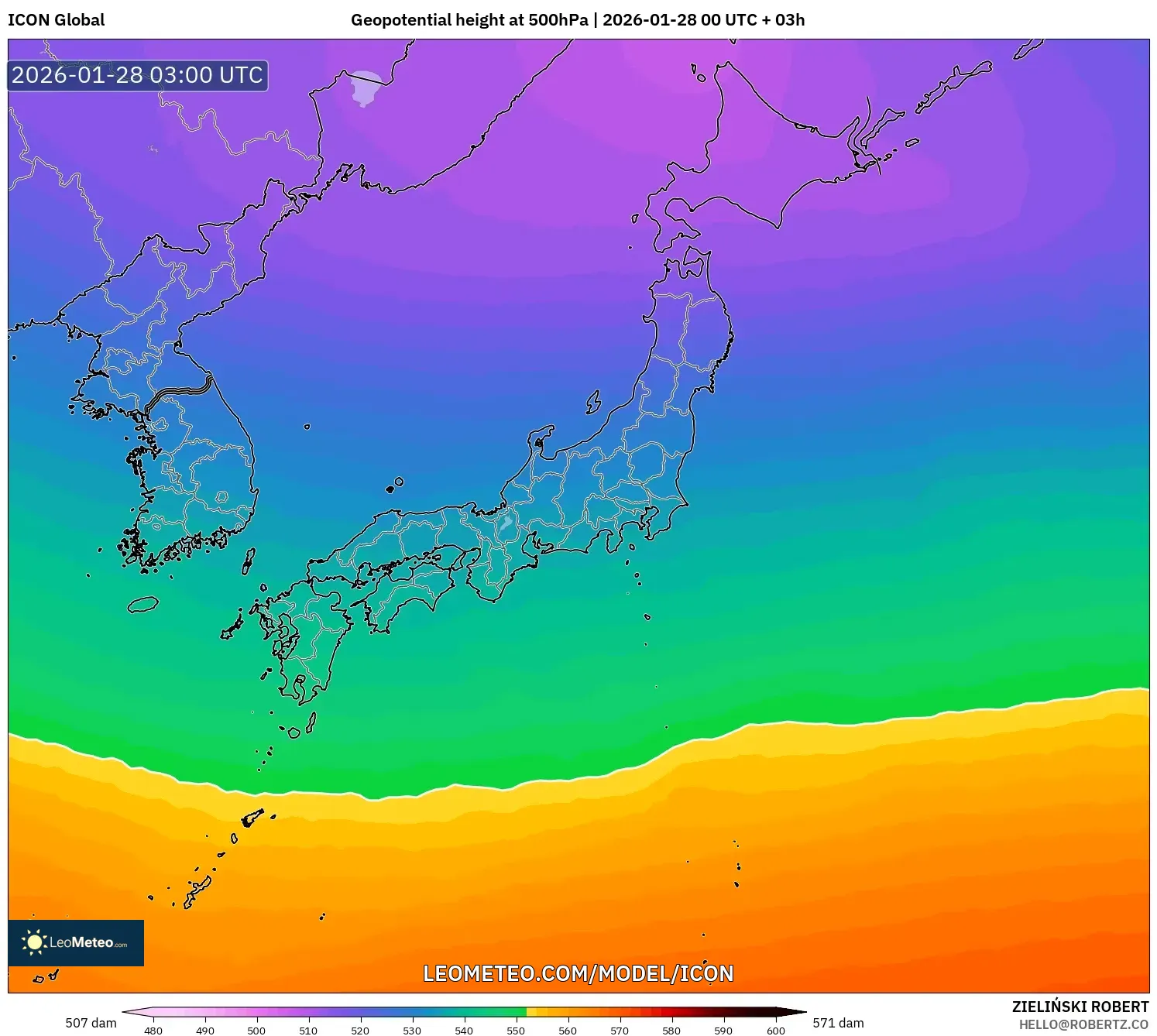 ICON model - Japan, Geopotential height at 500hPa