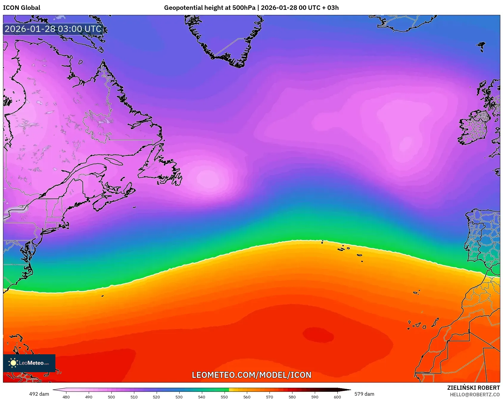 ICON model - North Atlantic, Geopotential height at 500hPa
