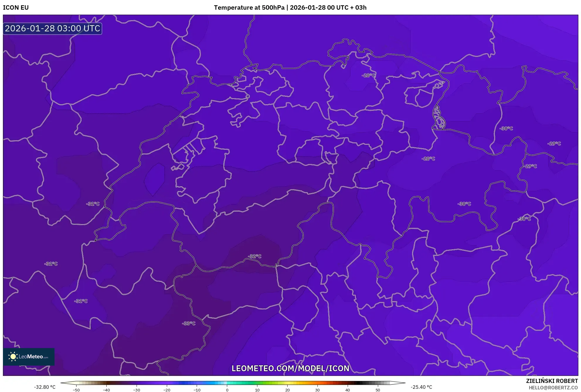 ICON model - Switzerland, Temperature at 500hPa