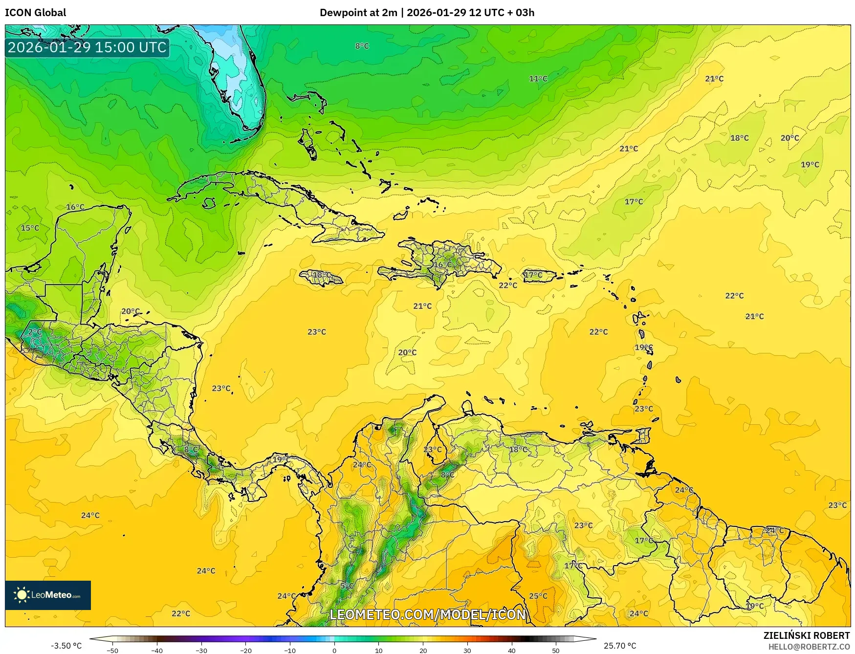 ICON model - Caribbean, Dewpoint at 2m