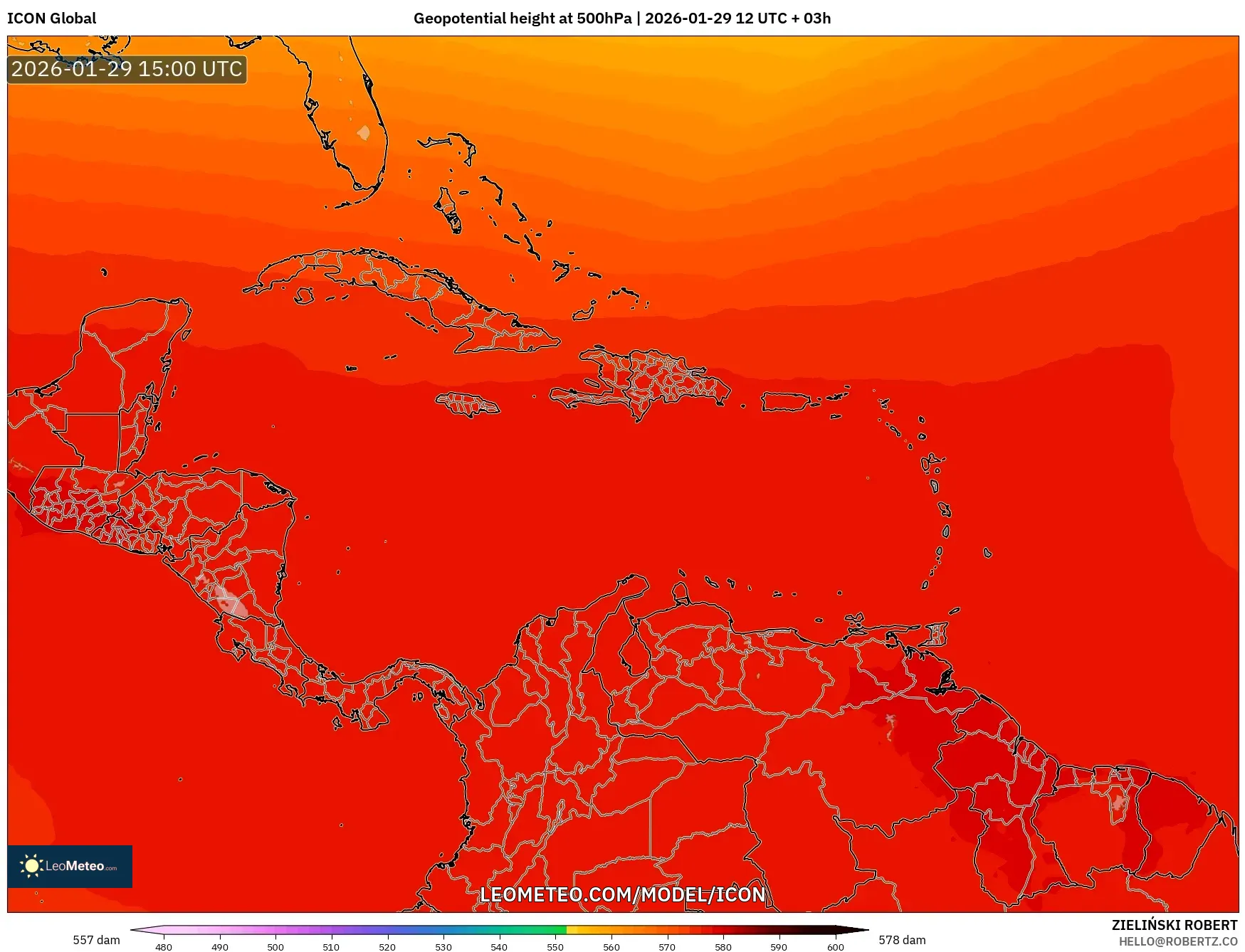 ICON model - Caribbean, Geopotential height at 500hPa