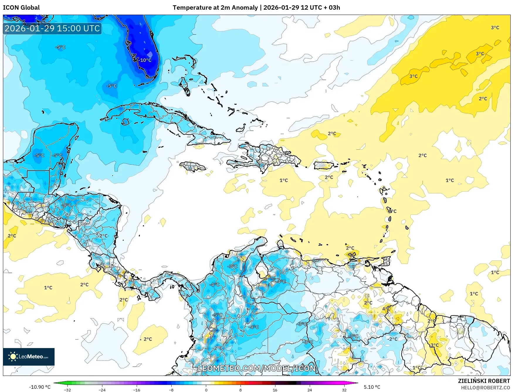 ICON model - Caribbean, Temperature at 2m Anomaly