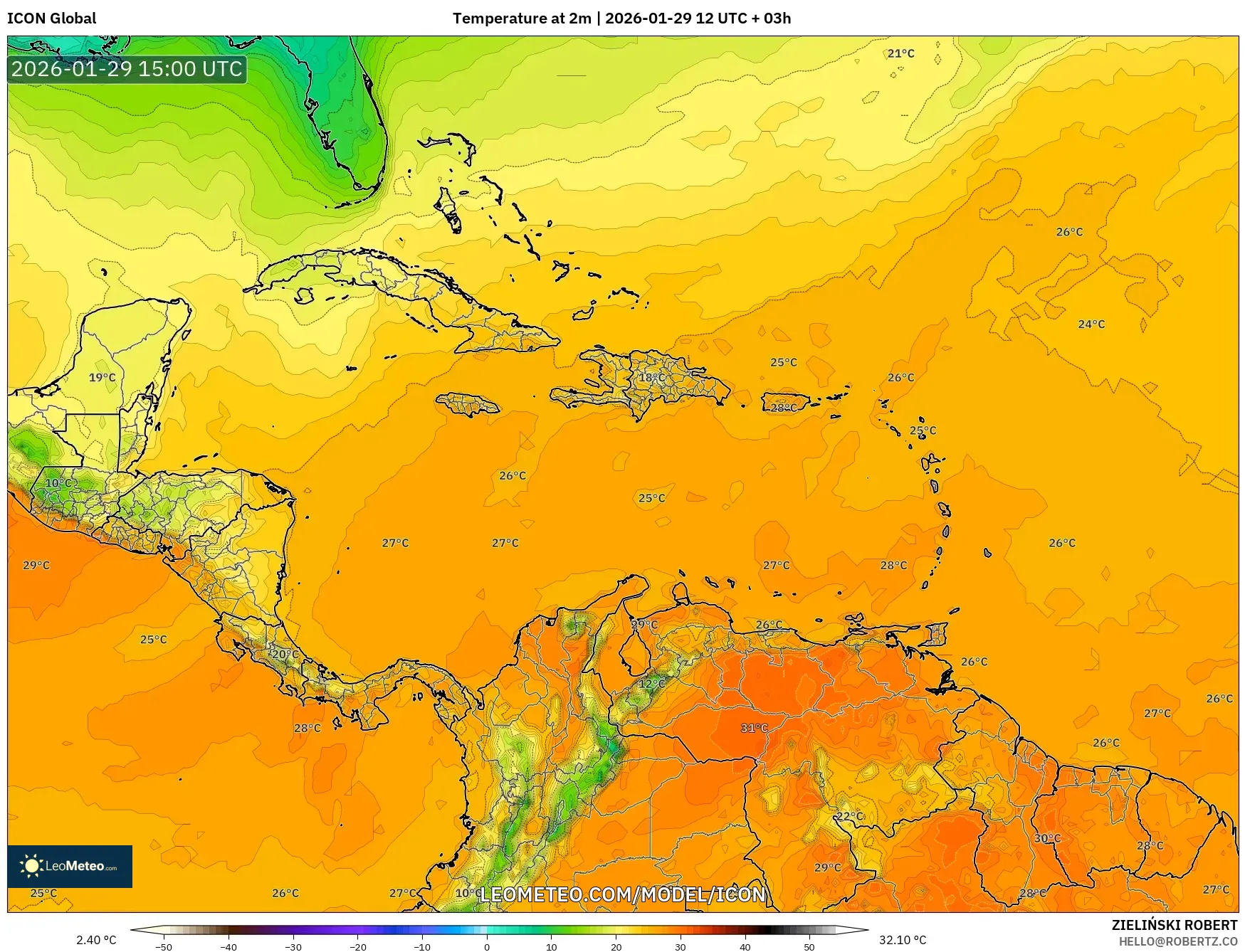 ICON model - Caribbean, Temperature at 2m