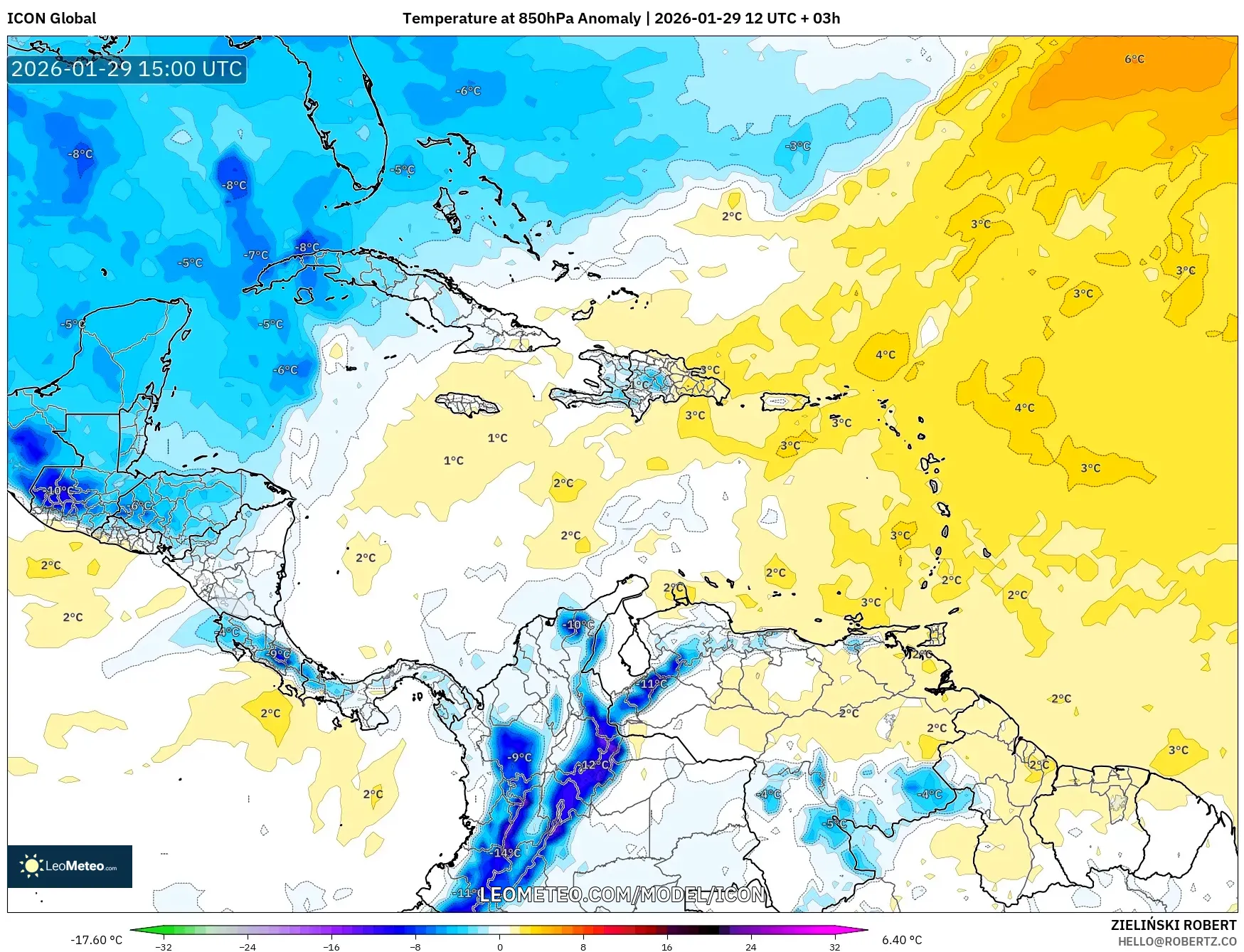 ICON model - Caribbean, Temperature at 850hPa Anomaly